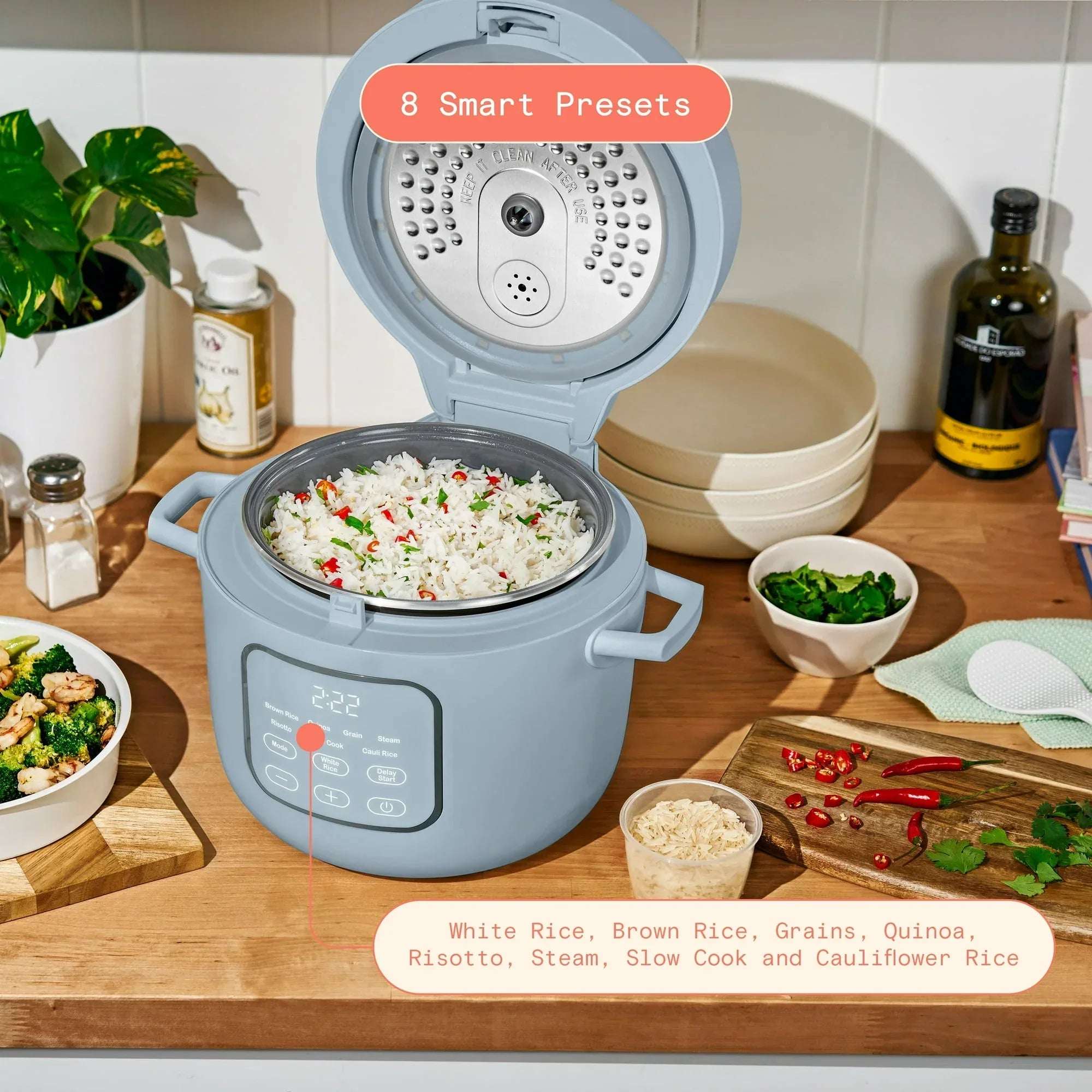 Beautiful 14-Cup Cooked, 6-Cups Uncooked Electric Rice and Grain Cooker, EverGood™ Ceramic Nonstick Coating, Cornflower Blue by Drew Barrymore - Image 5