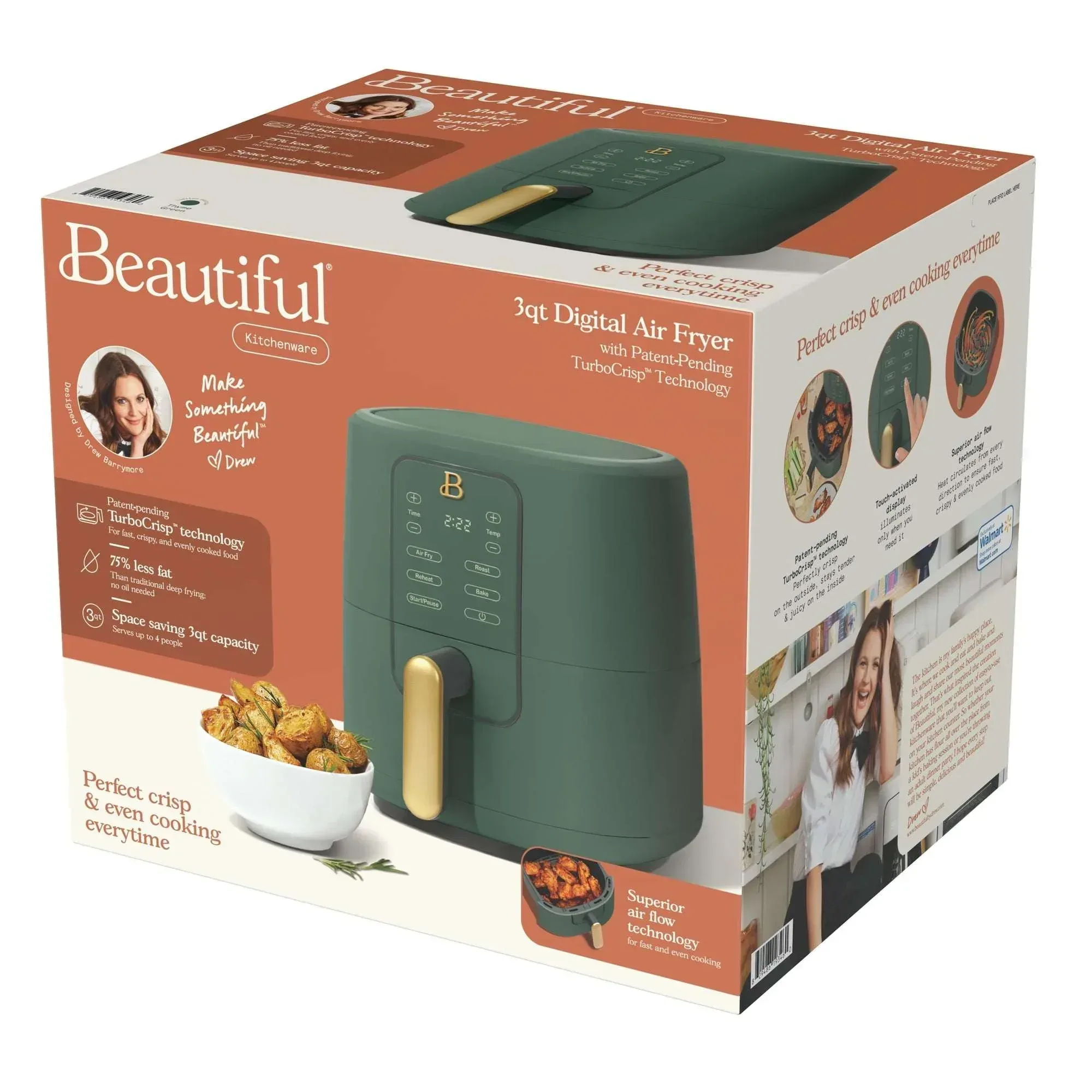 Beautiful 3 Qt Air Fryer with TurboCrisp Technology, EverGood Ceramic Nonstick Coating, Thyme Green by Drew Barrymore - Image 9