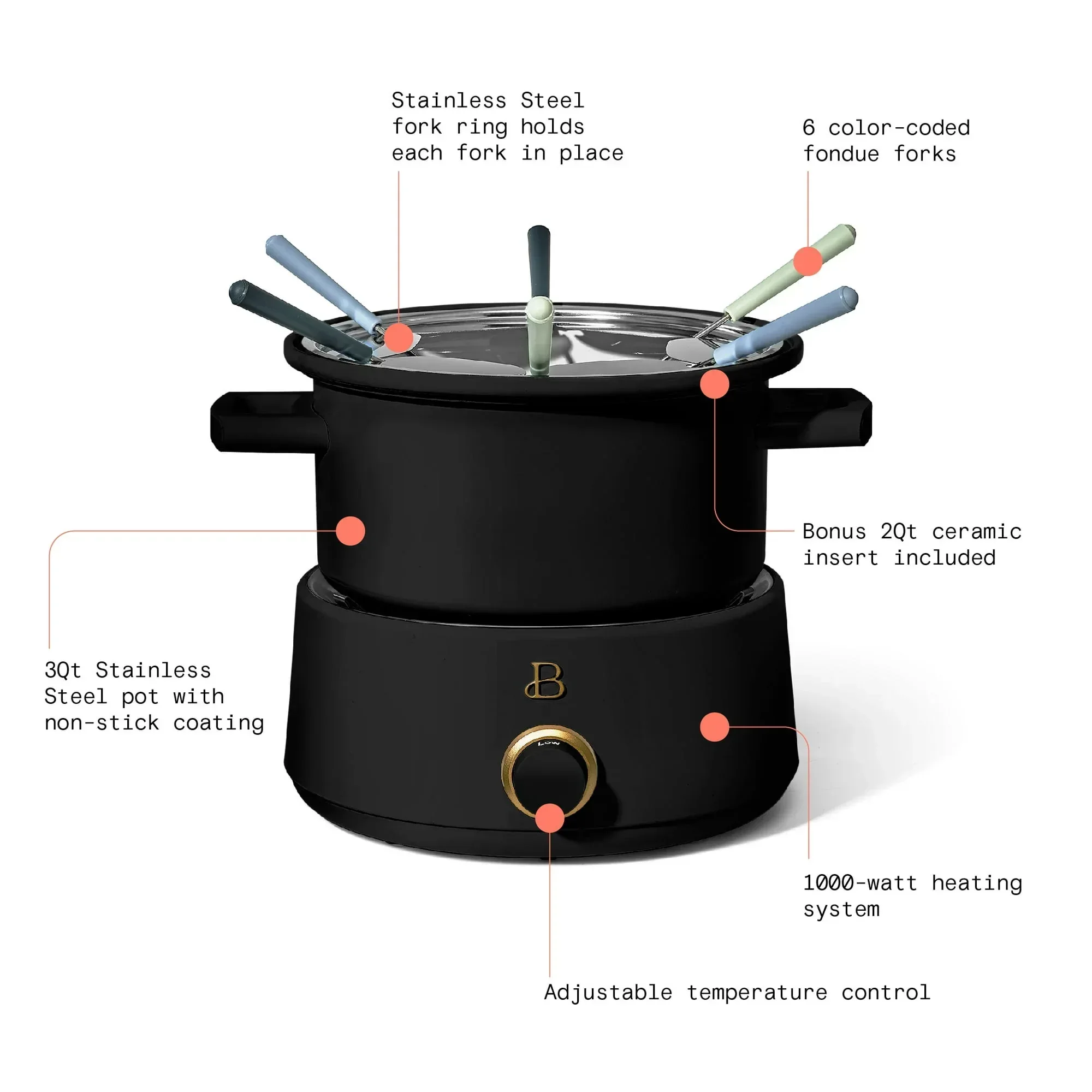 Beautiful 3 Qt Electric Fondue Set with Bonus 2 qt Ceramic Pot, Black Sesame by Drew Barrymore - Image 6