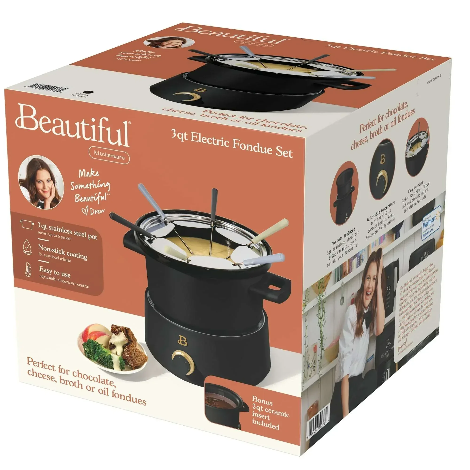 Beautiful 3 Qt Electric Fondue Set with Bonus 2 qt Ceramic Pot, Black Sesame by Drew Barrymore - Image 8