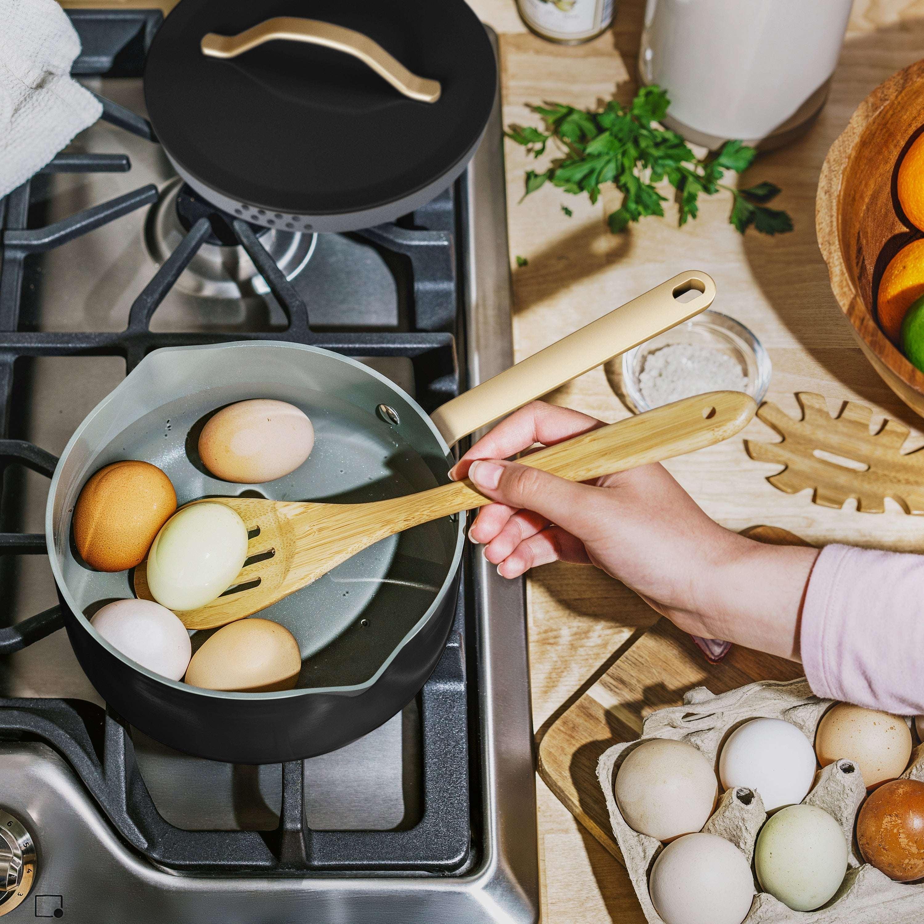 Beautiful 3 Quart Ceramic Non-Stick Covered Sauce Pan with Strainer Lid, Black Sesame by Drew Barrymore - Image 2