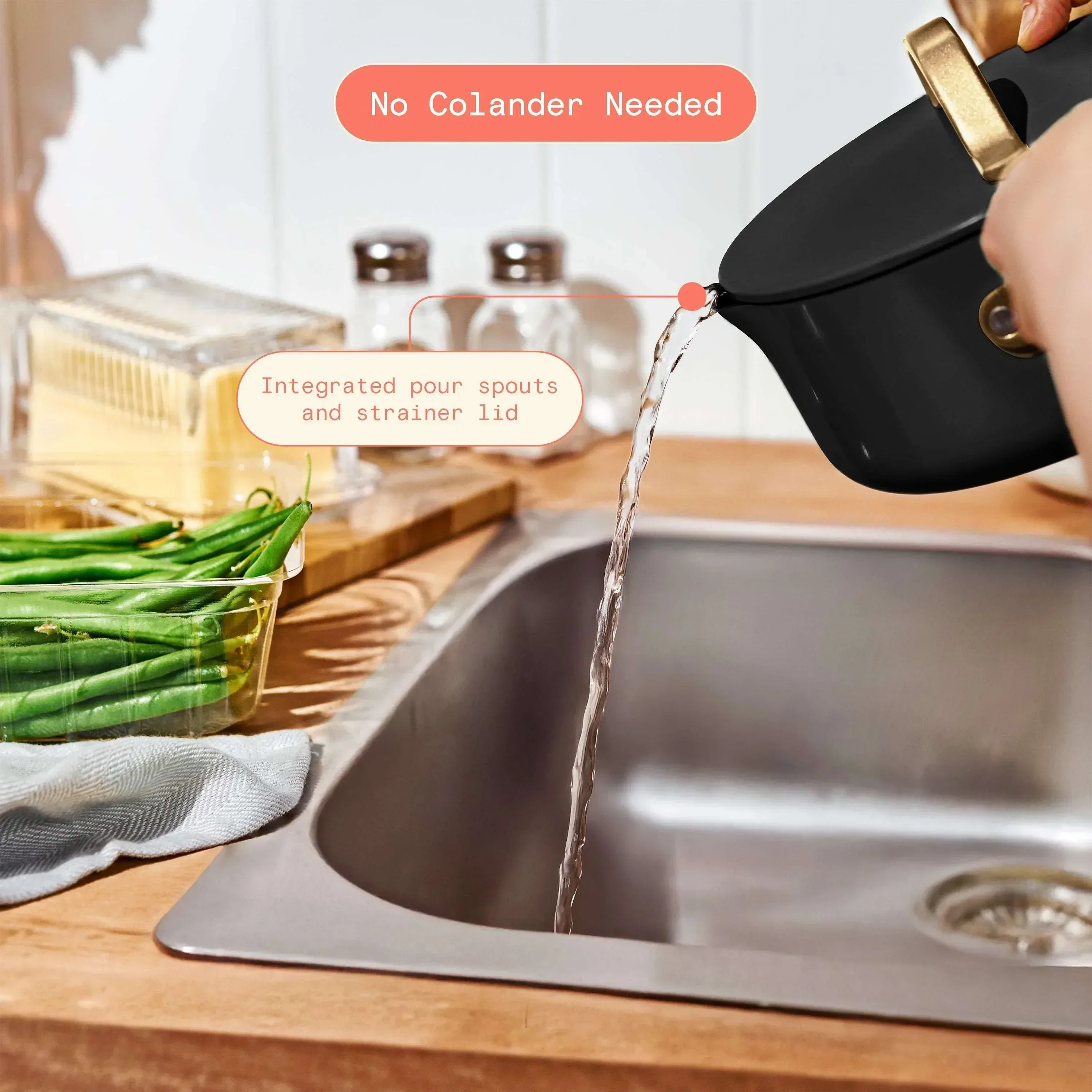 Beautiful 3 Quart Ceramic Non-Stick Covered Sauce Pan with Strainer Lid, Black Sesame by Drew Barrymore - Image 4