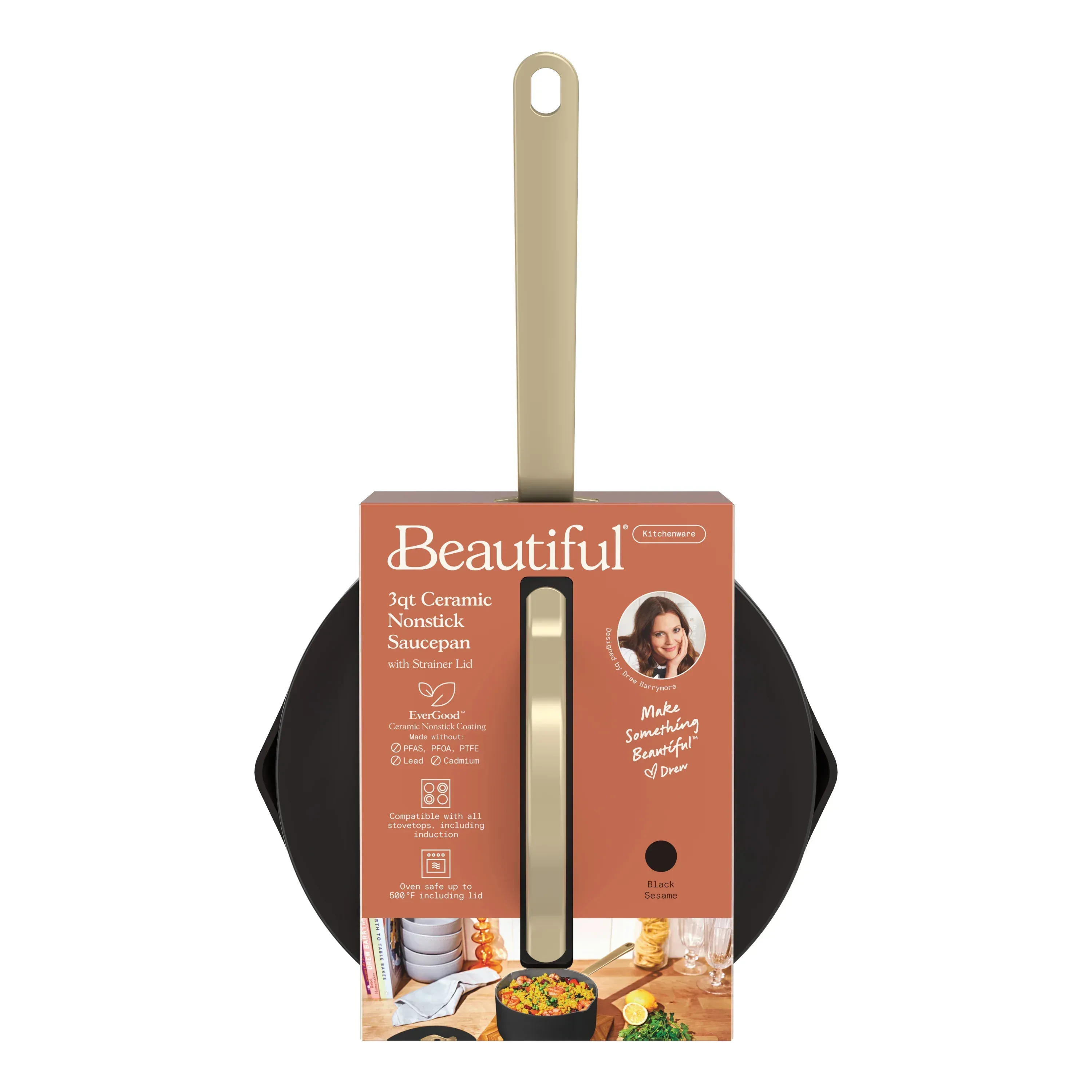 Beautiful 3 Quart Ceramic Non-Stick Covered Sauce Pan with Strainer Lid, Black Sesame by Drew Barrymore - Image 7