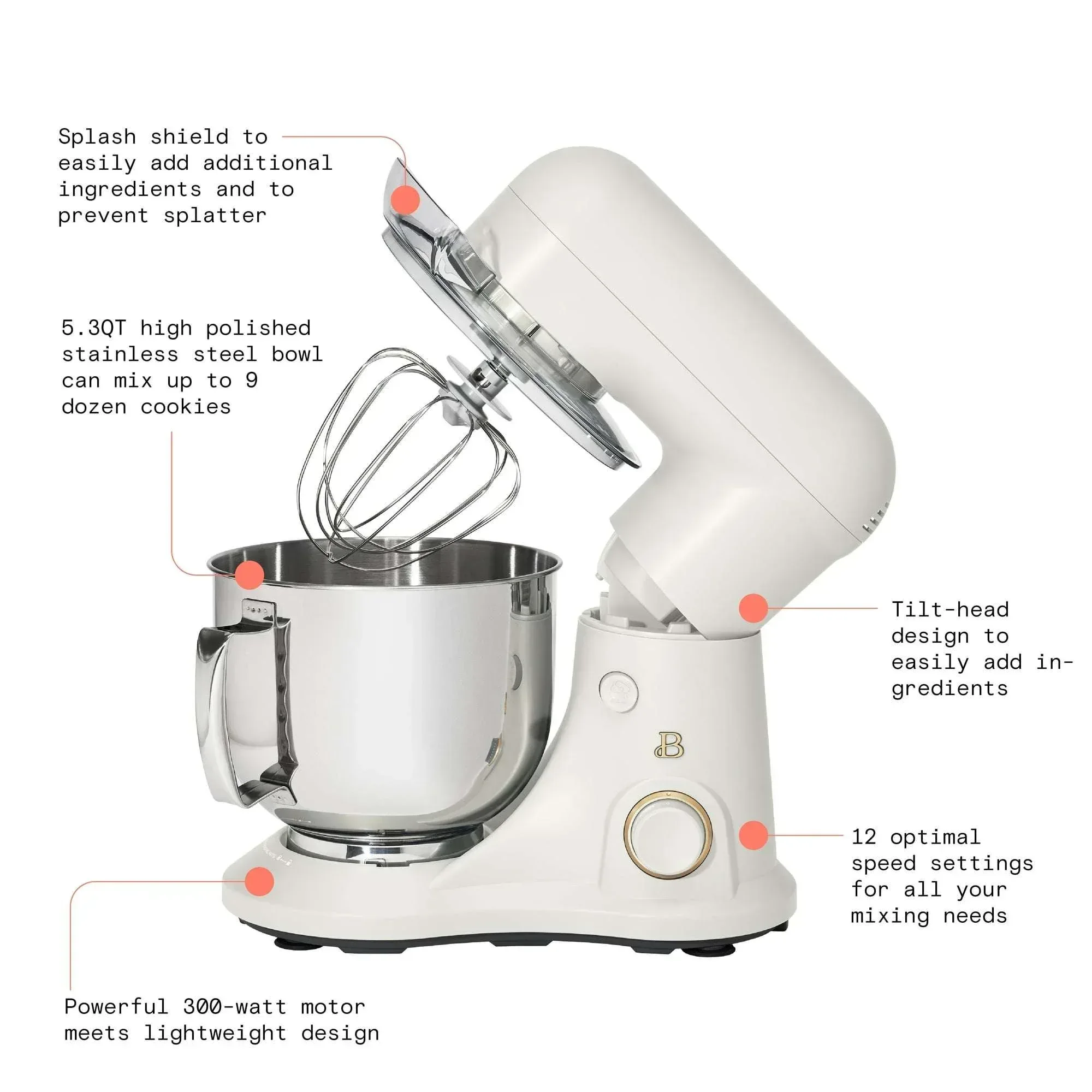 Beautiful 5.3 Qt Stand Mixer, White Icing with Flat Beater, Dough Hook, Balloon Whisk - Image 5