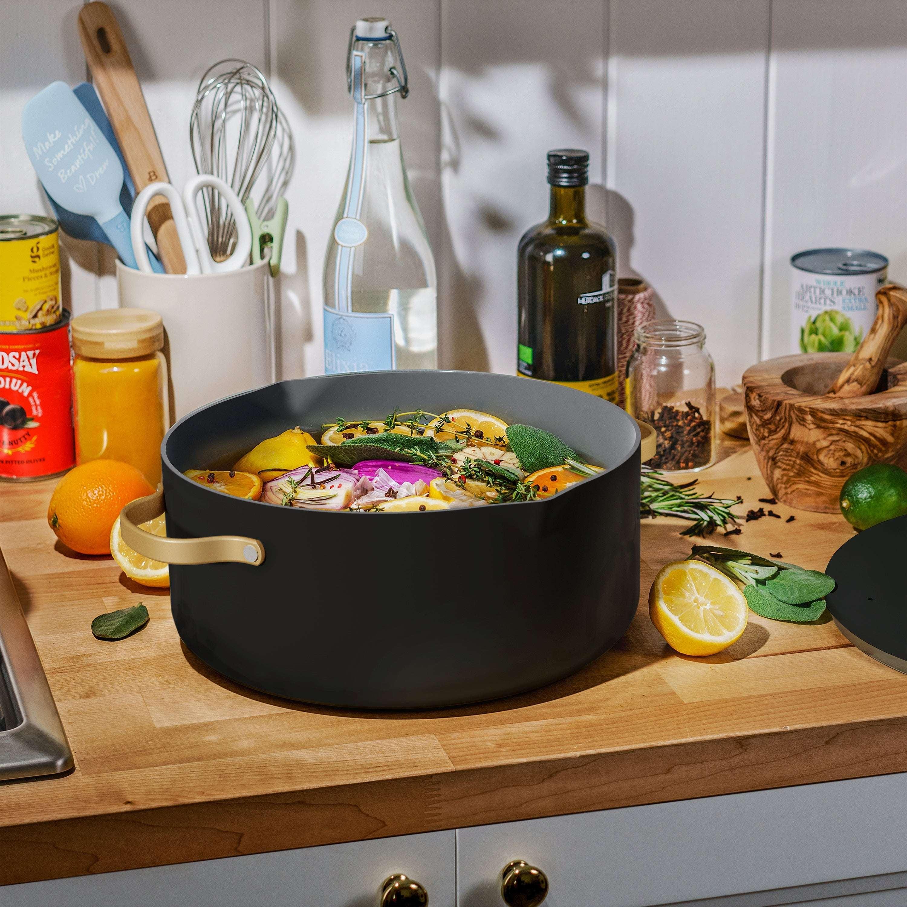 Beautiful 8 Quart Ceramic Non-Stick Stock Pot with Strainer Lid, Black Sesame by Drew Barrymore - Image 3
