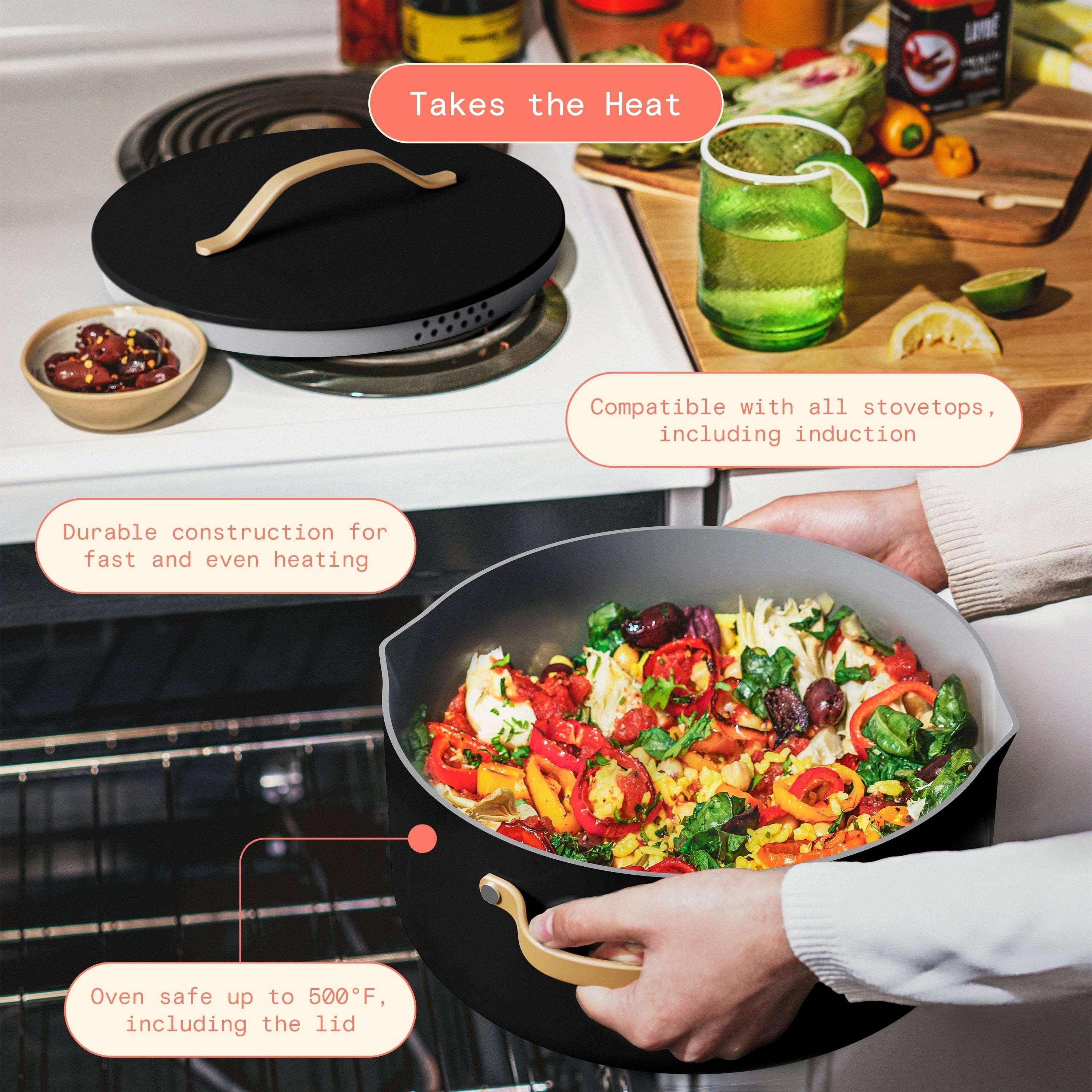 Beautiful 8 Quart Ceramic Non-Stick Stock Pot with Strainer Lid, Black Sesame by Drew Barrymore - Image 4