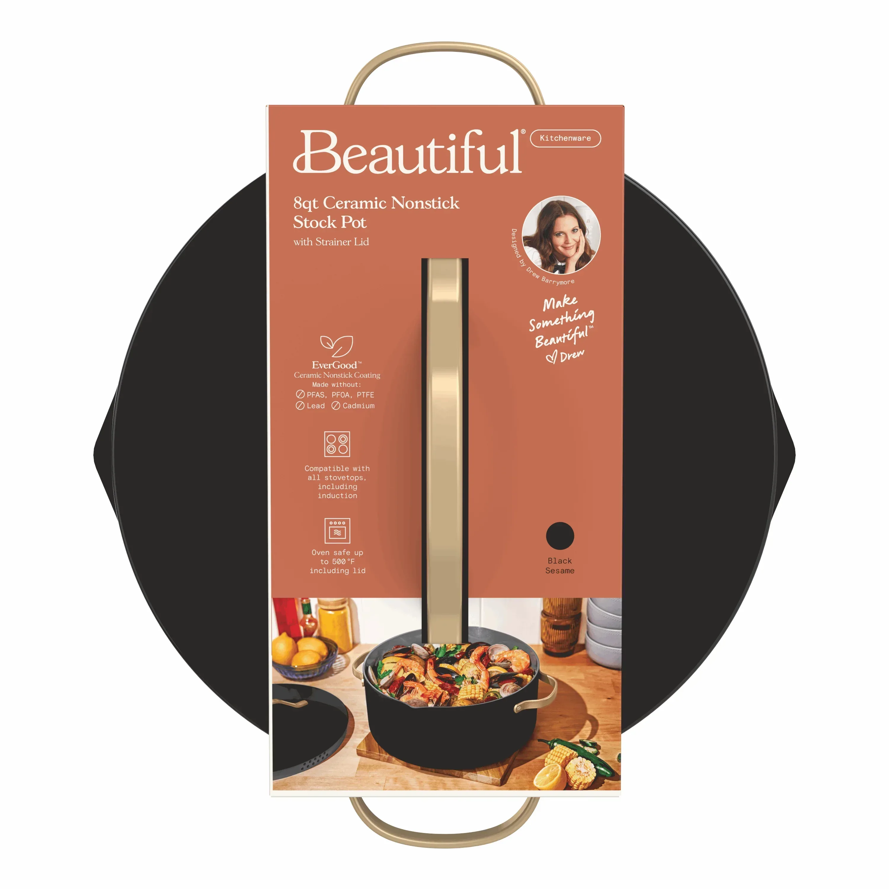 Beautiful 8 Quart Ceramic Non-Stick Stock Pot with Strainer Lid, Black Sesame by Drew Barrymore - Image 8
