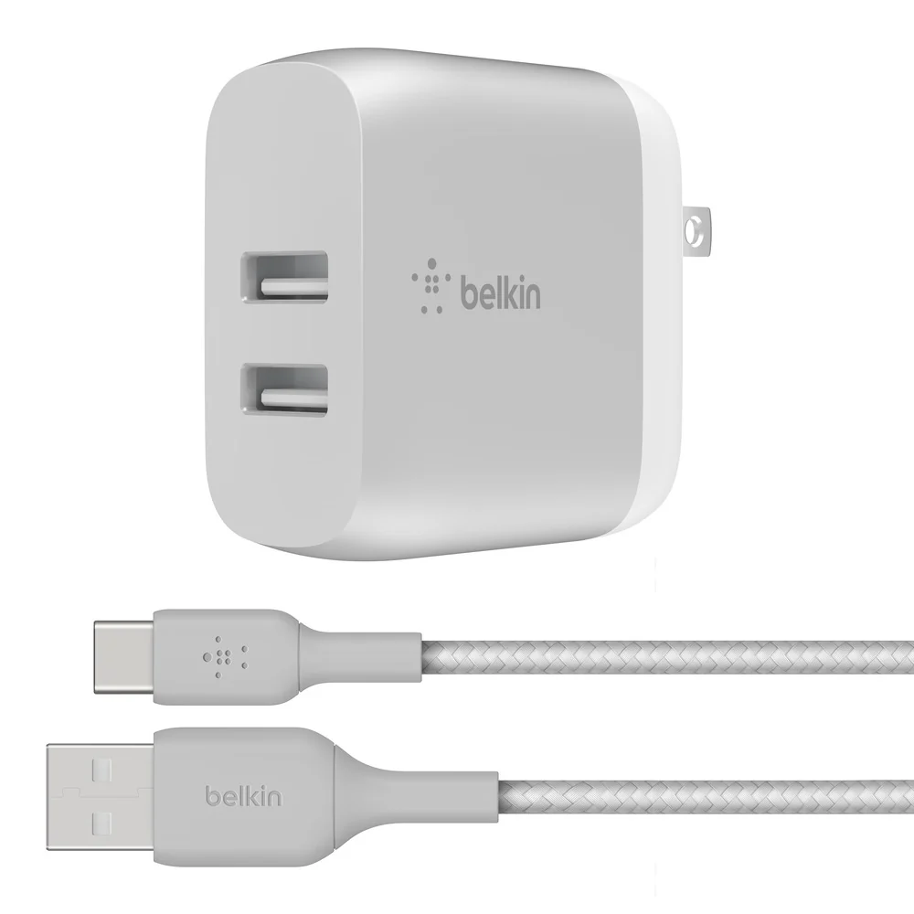 Belkin 24W Dual Port USB Wall Charger - USB C Cable Included - iPhone Charger Fast Charging - Silver