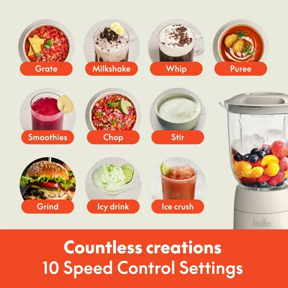 bella 10 Speed Countertop Blender, 48 oz Dishwasher Safe Pitcher, Juicer & Smoothie Maker with Fits-Anywhere™ Slim Flip & Store Design, Stainless Steel Blade, Oatmilk - Image 3