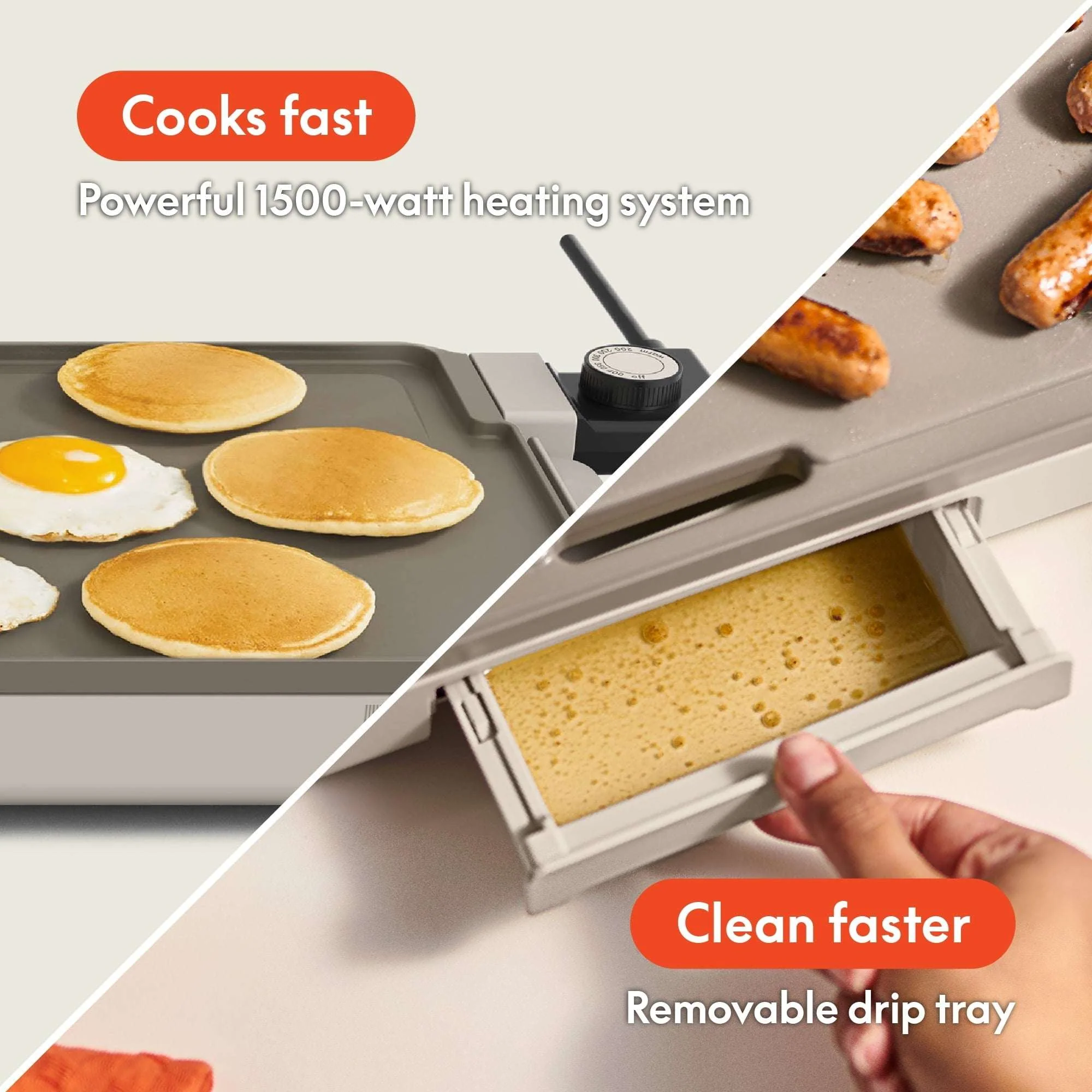 bella 10" x 20" Electric Griddle with EverGood™ Ceramic Nonstick Coating, Removable Temperature Probe, Oatmilk - Image 2