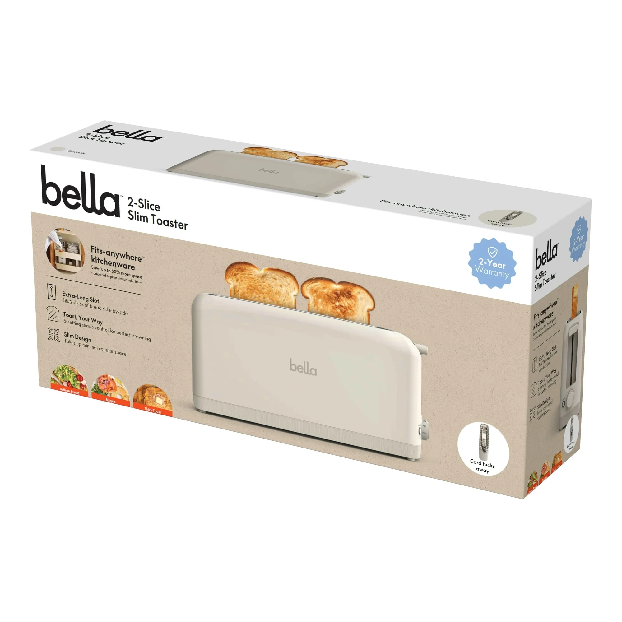 bella 2-Slice Slim Toaster with Extra Long Slot, 6 Setting Shade Control with Reheat & Cancel Buttons, Oatmilk - Image 4