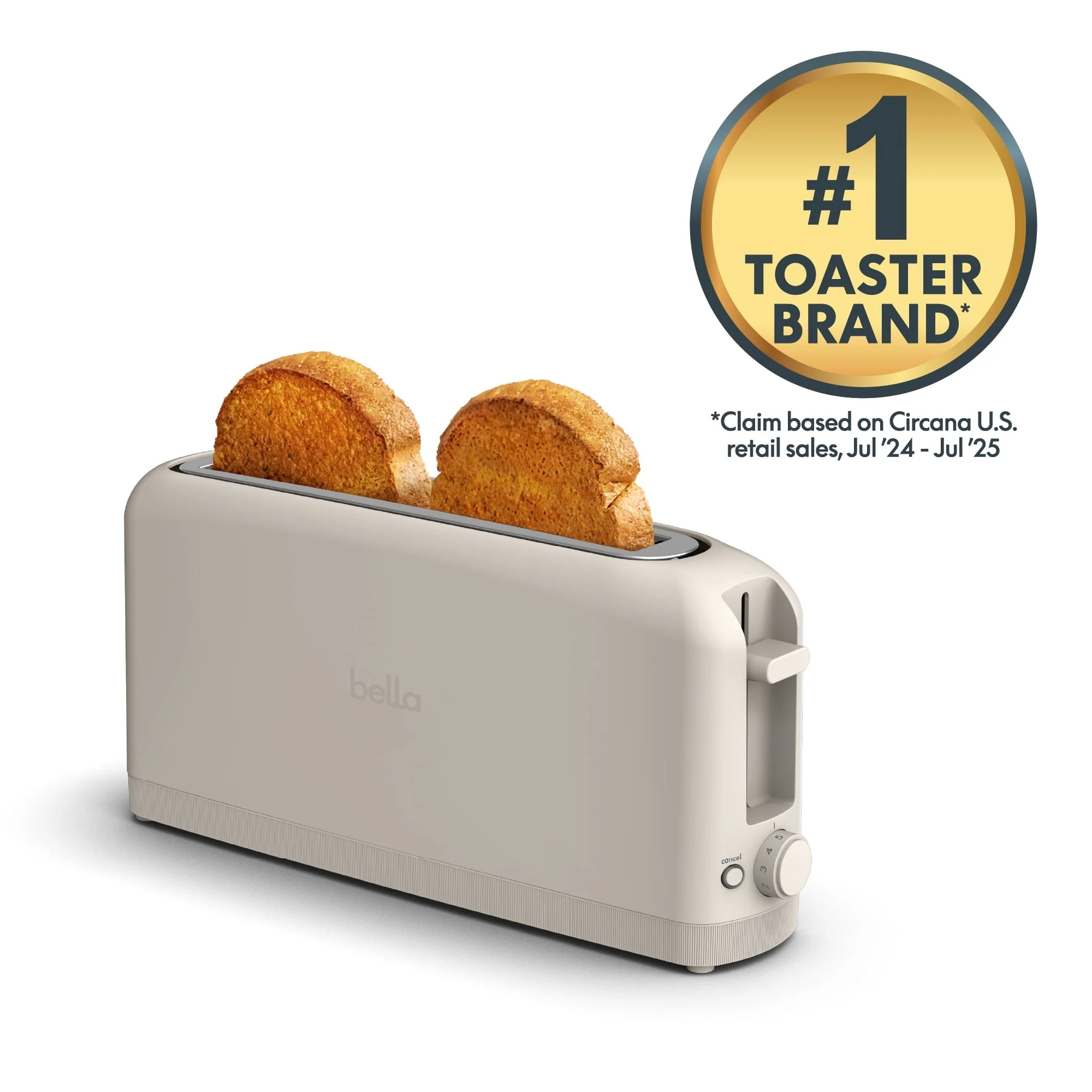 bella 2-Slice Slim Toaster with Extra Long Slot, 6 Setting Shade Control with Reheat & Cancel Buttons, Oatmilk - Image 6