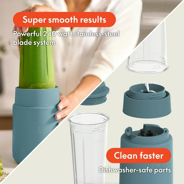 bella 6-Piece Portable Rocket Blender, Personal Smoothie Maker with Durable Stainless Steel Blades, Surf - Image 4