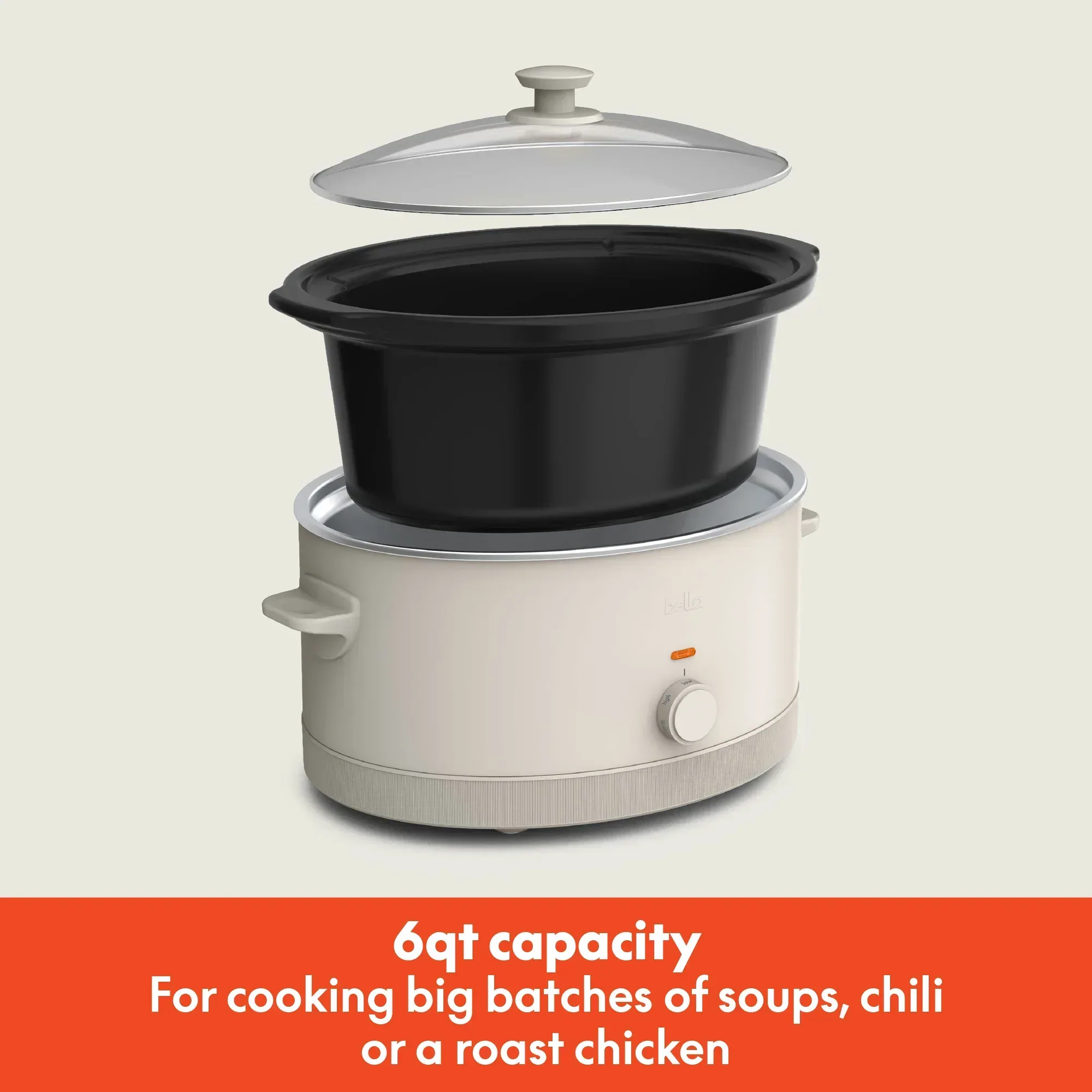 bella 6 Qt Manual Slow Cooker with 3 Temperature Settings, Ceramic Nonstick Coating, Dishwasher Safe Stoneware Pot & Tempered Glass Lid, Oatmilk - Image 2