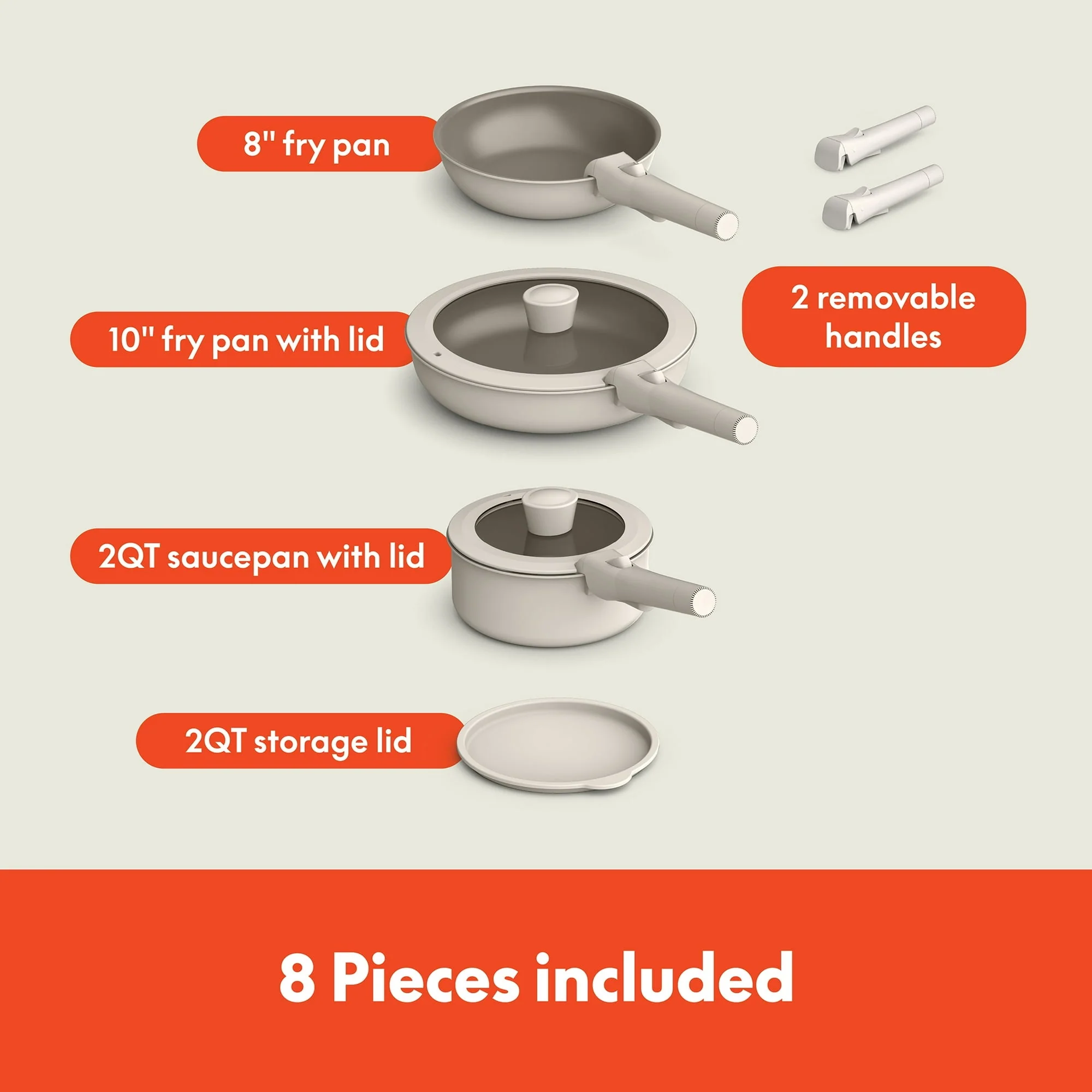 bella 8-Piece Piece Ceramic Nonstick Cookware Set with Removable Handles, Oatmilk - Image 4