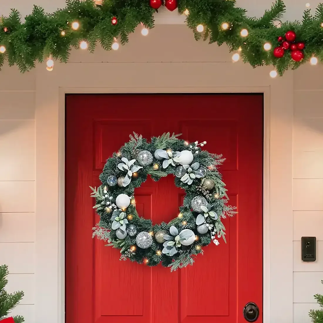 Berkley Jensen 28" Red Magnolia Wreath with LED Lights - Image 4