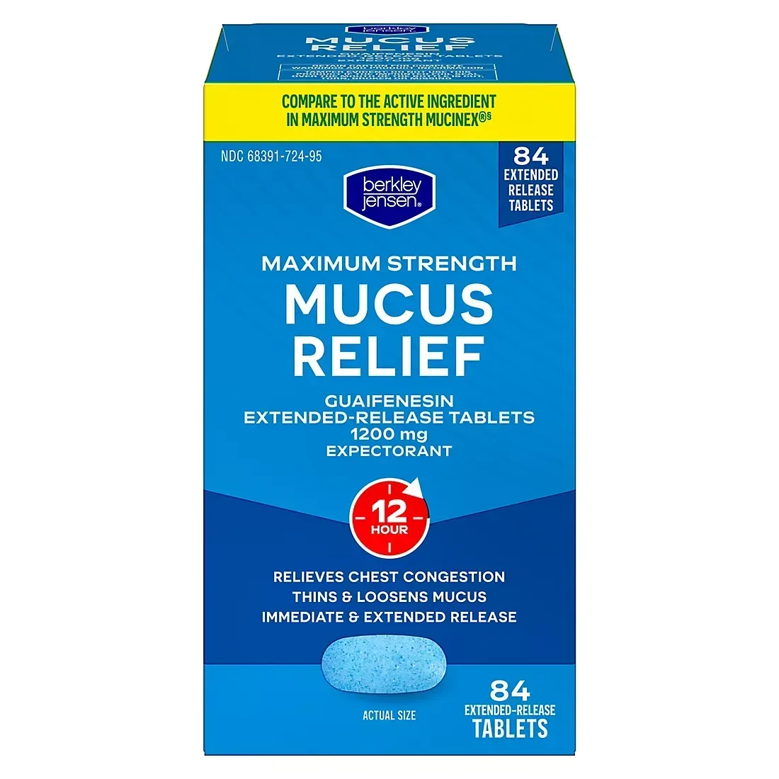 Berkley Jensen Maximum Strength Mucus Relief Guaifenesin Extended-Release Tablets 1200mg, 84 ct.