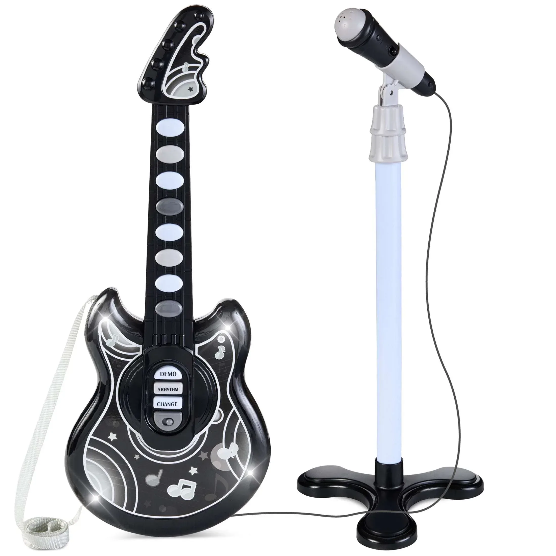 Best Choice Products 19in Kids Flash Guitar, Pretend Play Musical Instrument Toy for Toddlers w/ Mic, Stand - Black - Image 2