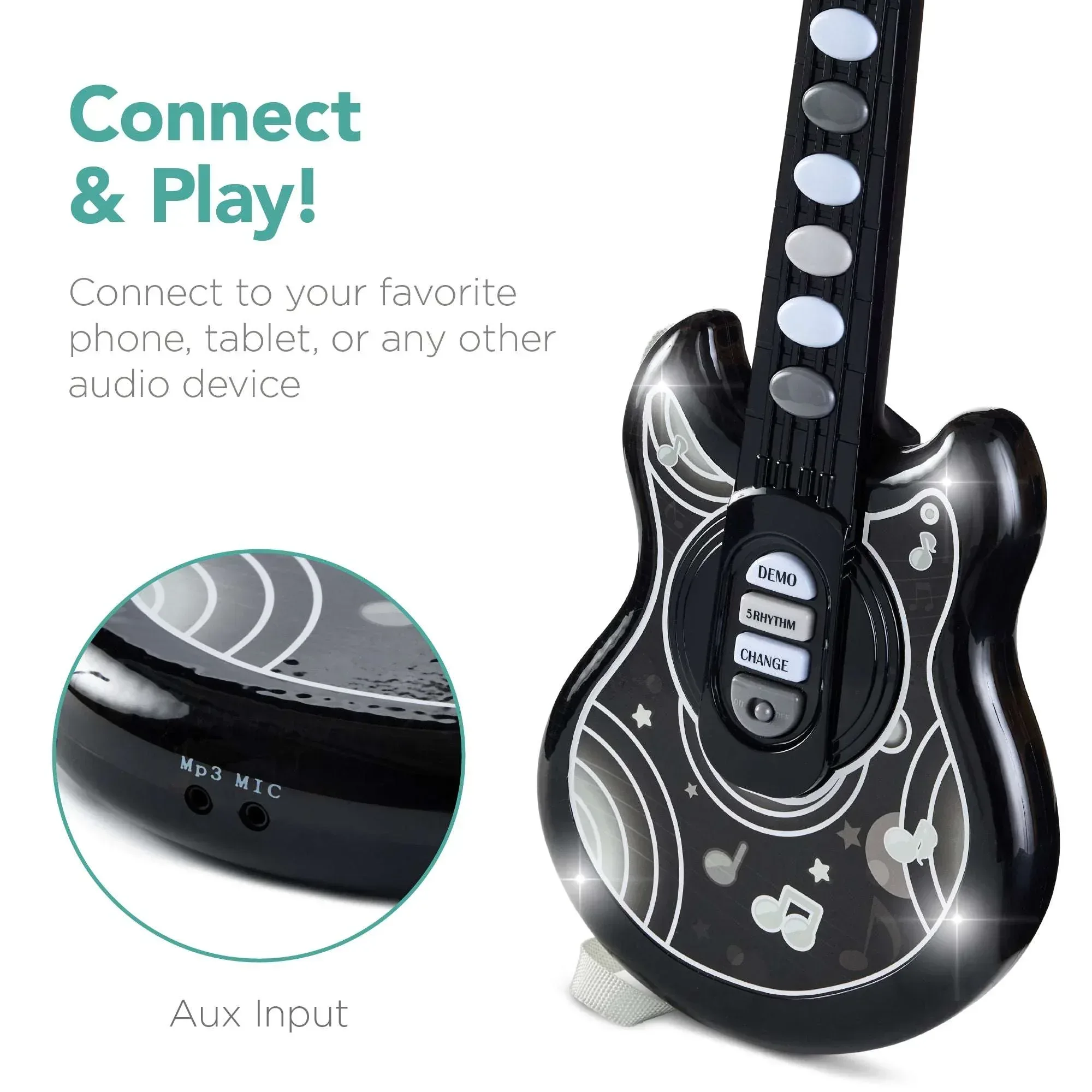 Best Choice Products 19in Kids Flash Guitar, Pretend Play Musical Instrument Toy for Toddlers w/ Mic, Stand - Black - Image 6