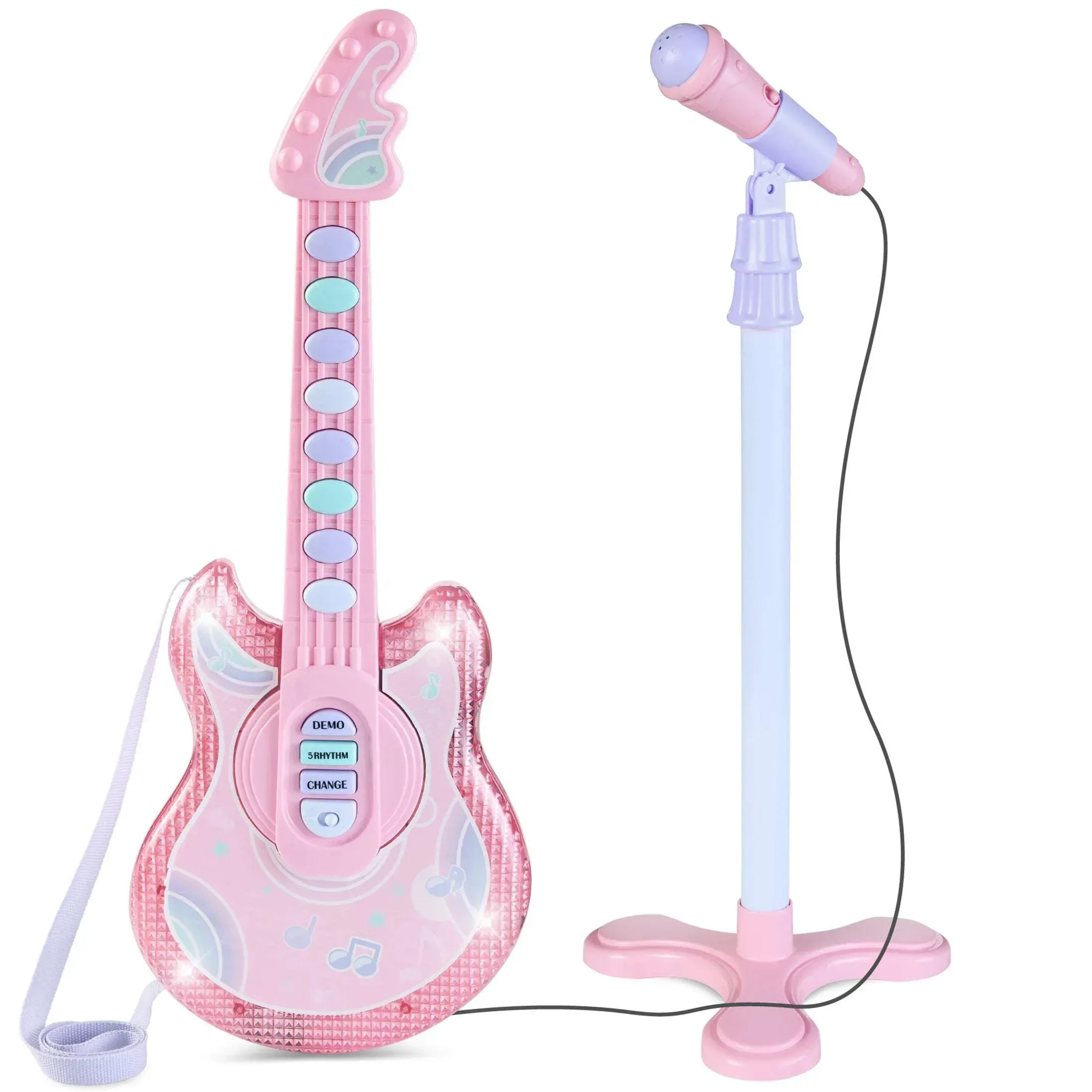 Best Choice Products 19in Kids Flash Guitar, Pretend Play Musical Instrument Toy for Toddlers w/ Mic, Stand - Black - Image 8
