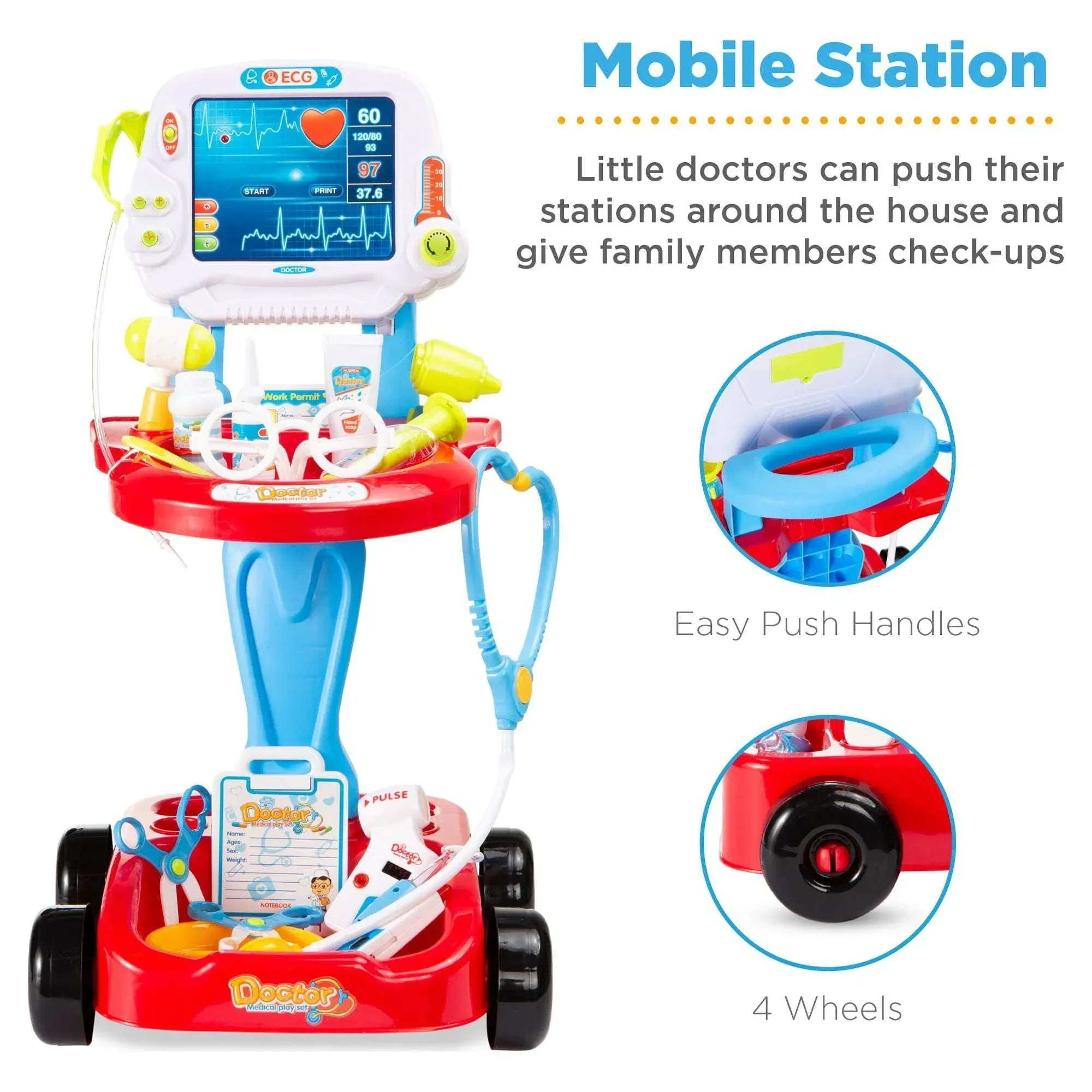Best Choice Products Play Doctor Kit for Kids, Pretend Medical Station Set with Carrying Case, Mobile Cart - Blue - Image 2