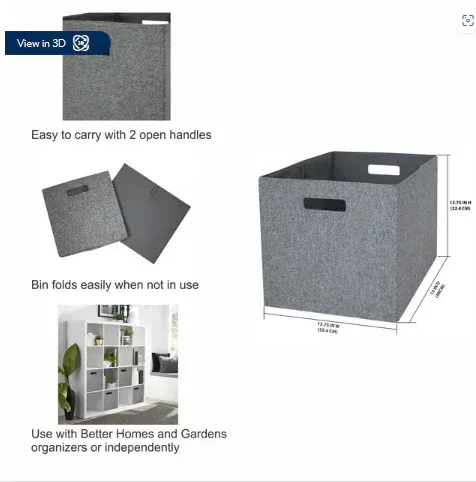 Better Homes & Gardens 12.75" Fabric Cube Storage Bin, Gray - Image 3