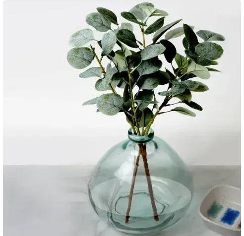 Better Homes & Gardens 12" Artificial Green Eucalyptus in Blown Glass Vase - Image 3