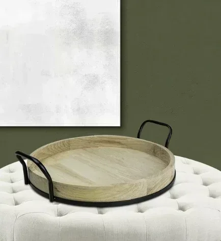 Better Homes & Gardens 17-inch Round Light Wood and Metal Tray - Image 2