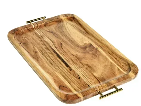 Better Homes & Gardens- Acacia Wood Rectangle Tray with Gold Color Handles, One Size