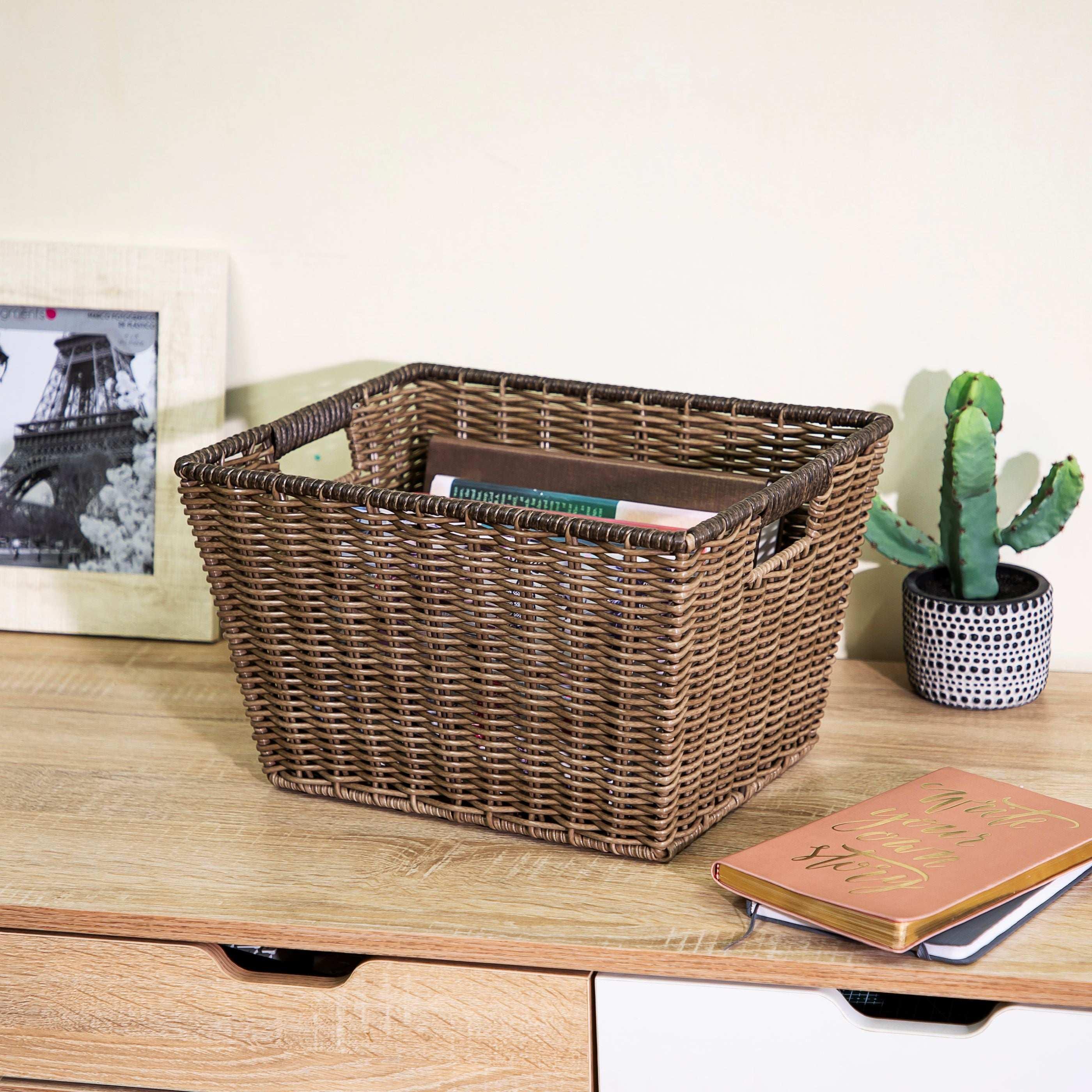 Better Homes & Gardens Large Poly Rattan Decorative Storage Basket with Handles, 14 in x 11 in x 8.5 in - Image 2