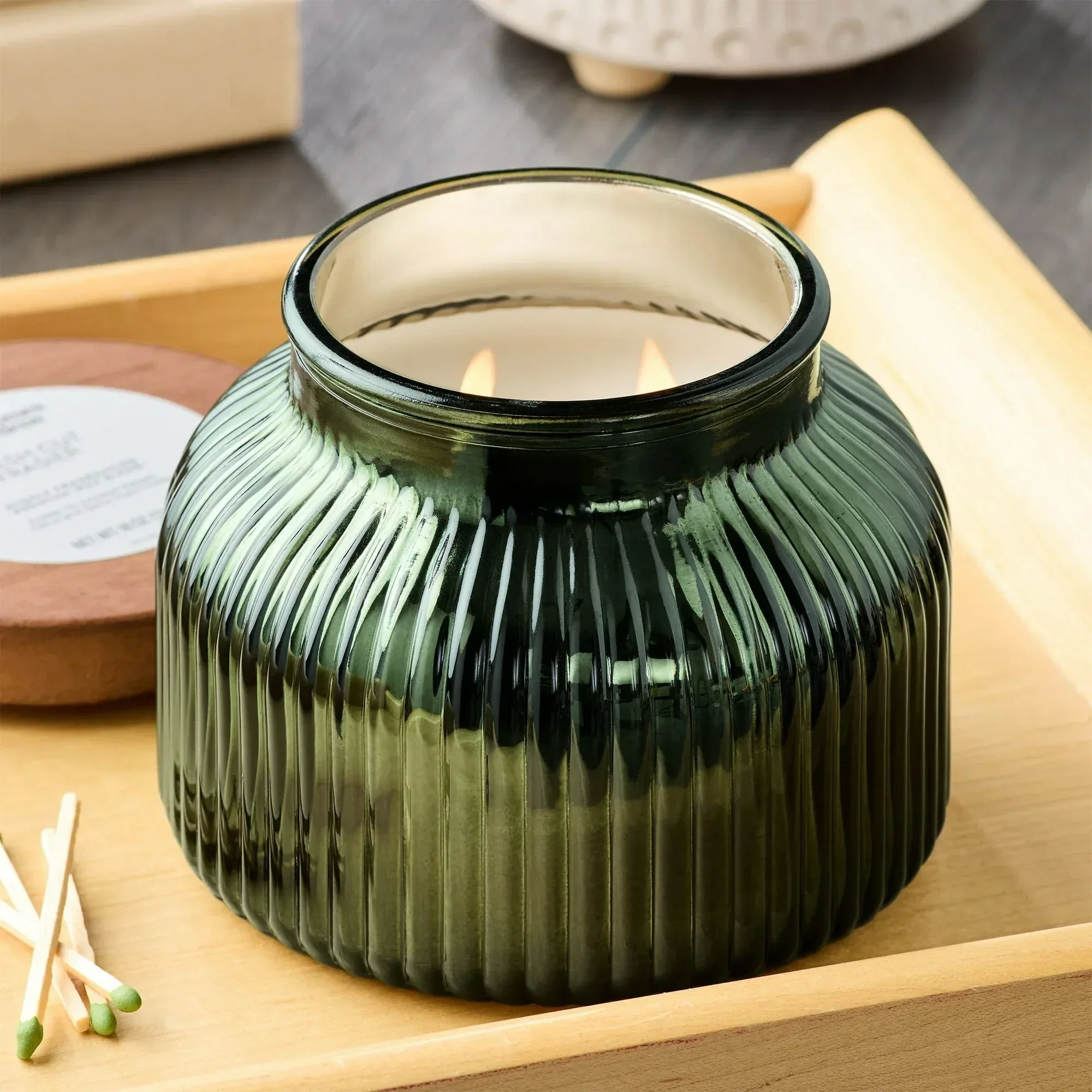 Better Homes & Gardens Scented Cotton 2-Wicks Ribbed Mecury Glass Jar Candle with Wooden Lid 18oz - Image 10