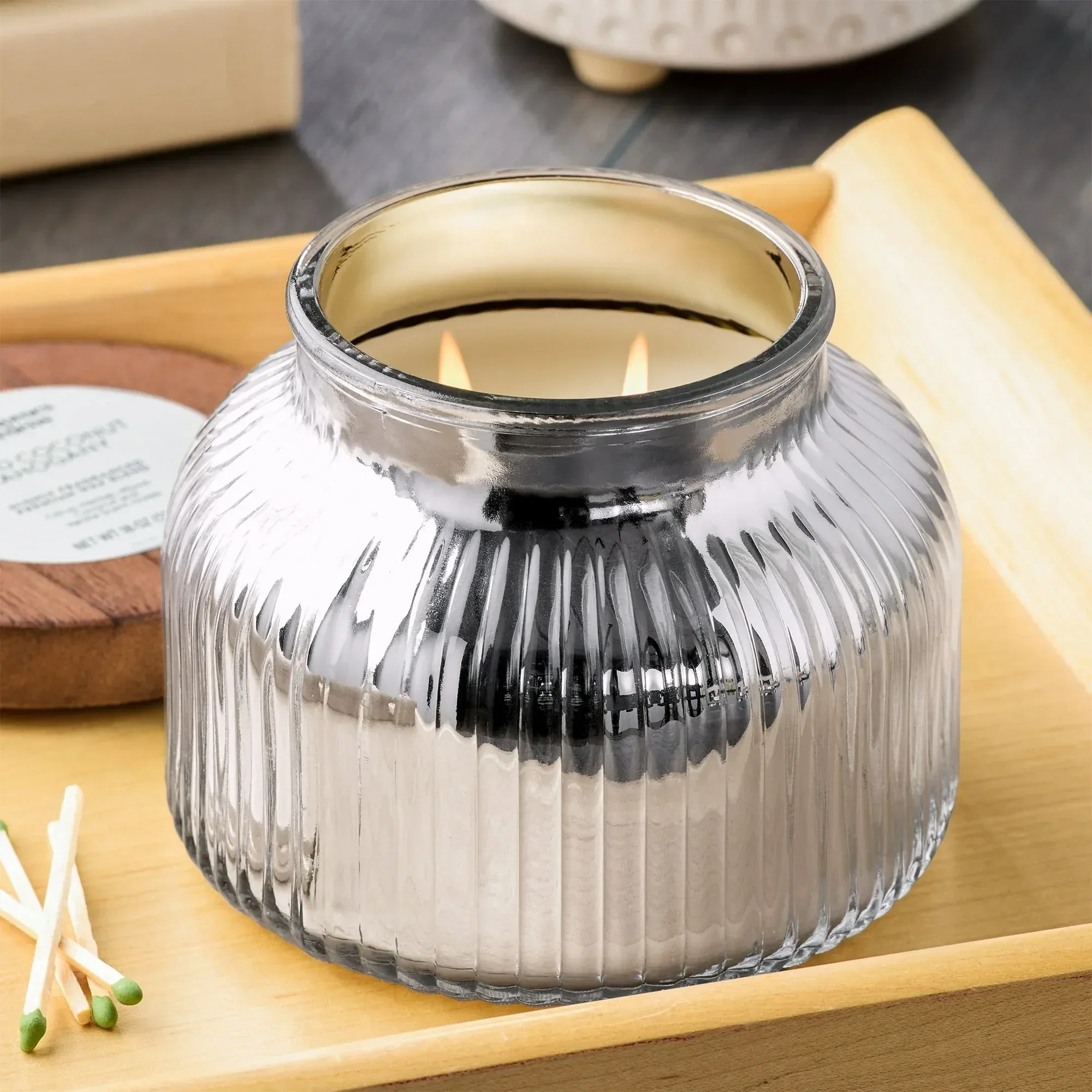 Better Homes & Gardens Scented Cotton 2-Wicks Ribbed Mecury Glass Jar Candle with Wooden Lid 18oz - Image 22