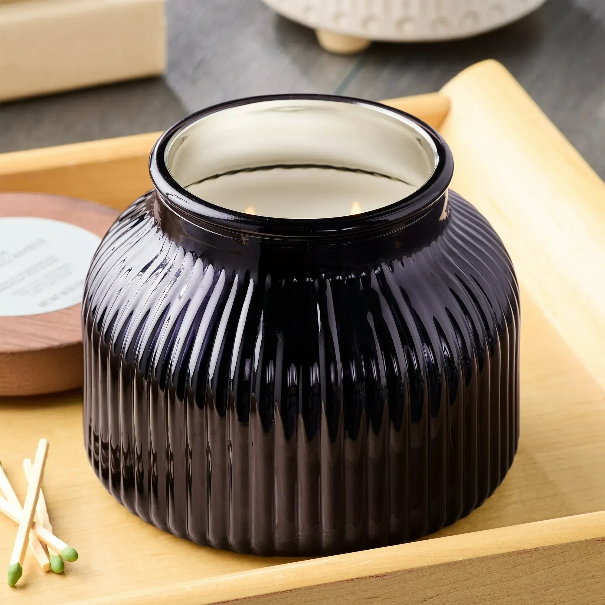Better Homes & Gardens Scented Cotton 2-Wicks Ribbed Mecury Glass Jar Candle with Wooden Lid 18oz - Image 34