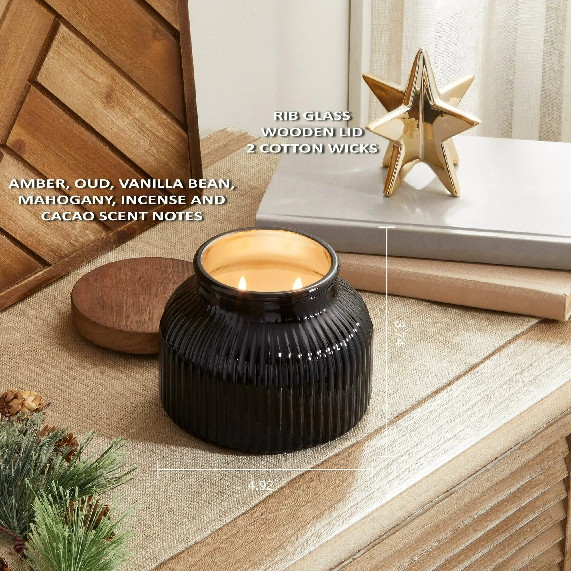 Better Homes & Gardens Scented Cotton 2-Wicks Ribbed Mecury Glass Jar Candle with Wooden Lid 18oz - Image 35