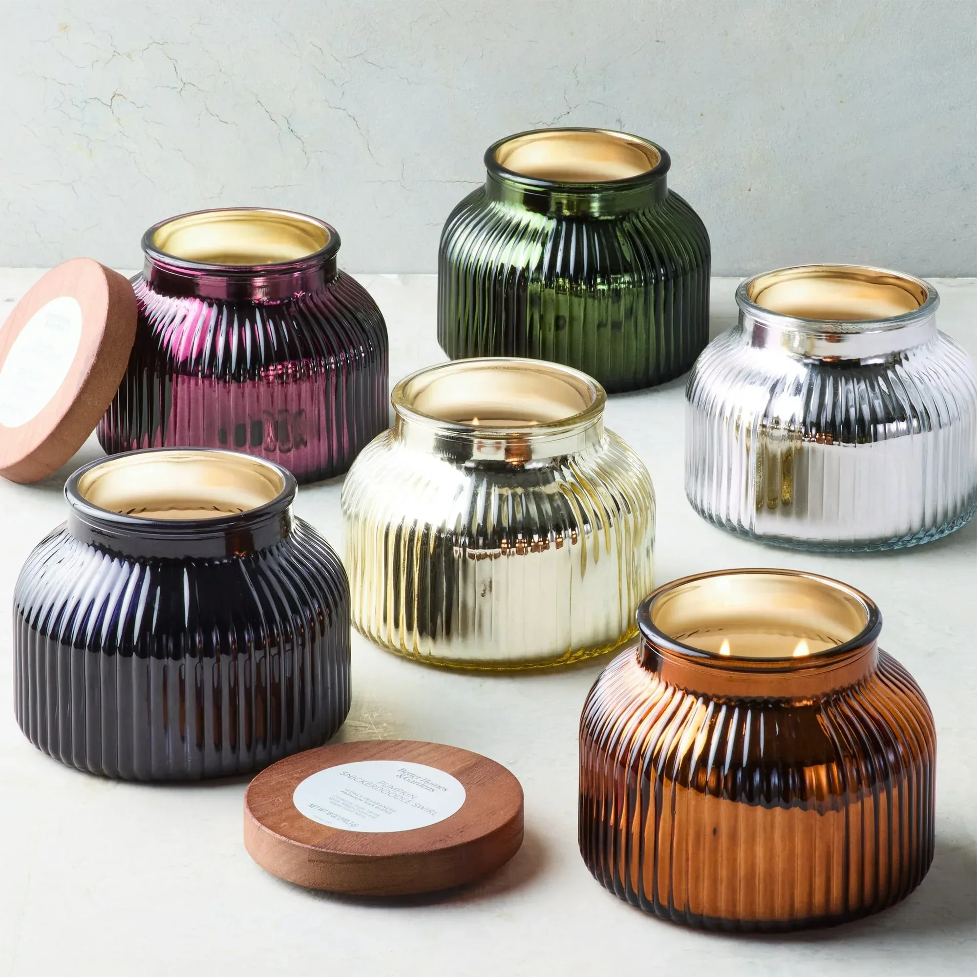 Better Homes & Gardens Scented Cotton 2-Wicks Ribbed Mecury Glass Jar Candle with Wooden Lid 18oz - Image 36
