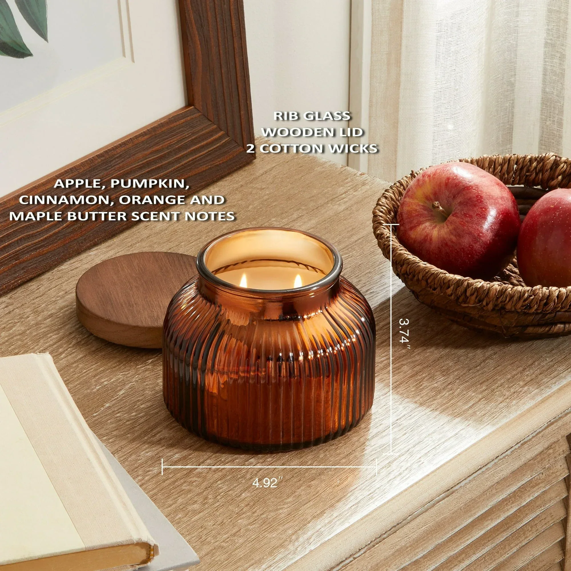 Better Homes & Gardens Scented Cotton 2-Wicks Ribbed Mecury Glass Jar Candle with Wooden Lid 18oz - Image 5