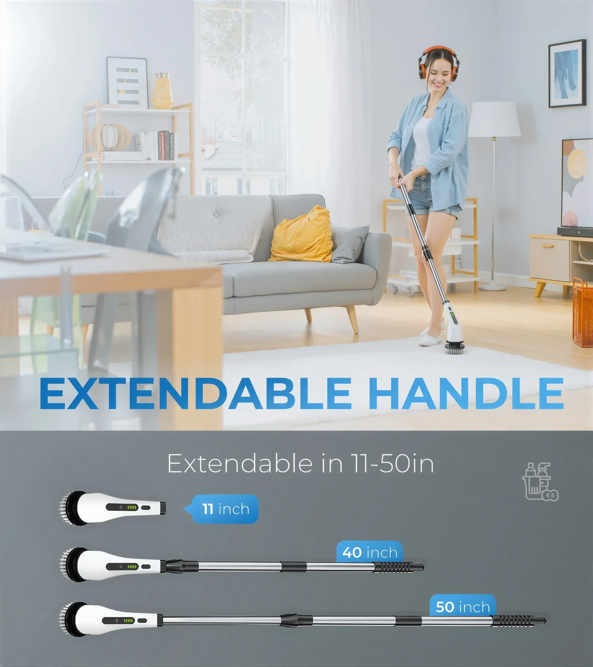 BIMZUC Electric Spin Scrubber, Cordless Cleaning Brush, 7 Replaceable Heads, Extendable Handle, White - Image 2