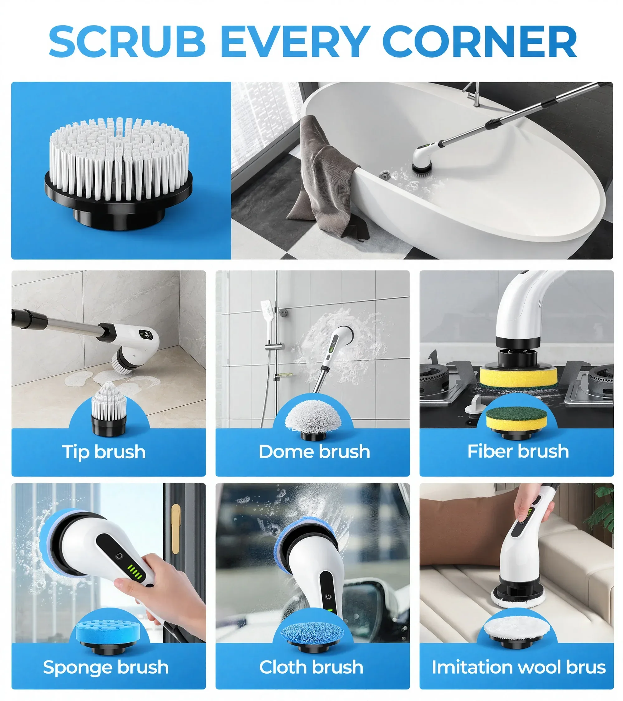 BIMZUC Electric Spin Scrubber, Cordless Cleaning Brush, 7 Replaceable Heads, Extendable Handle, White - Image 3