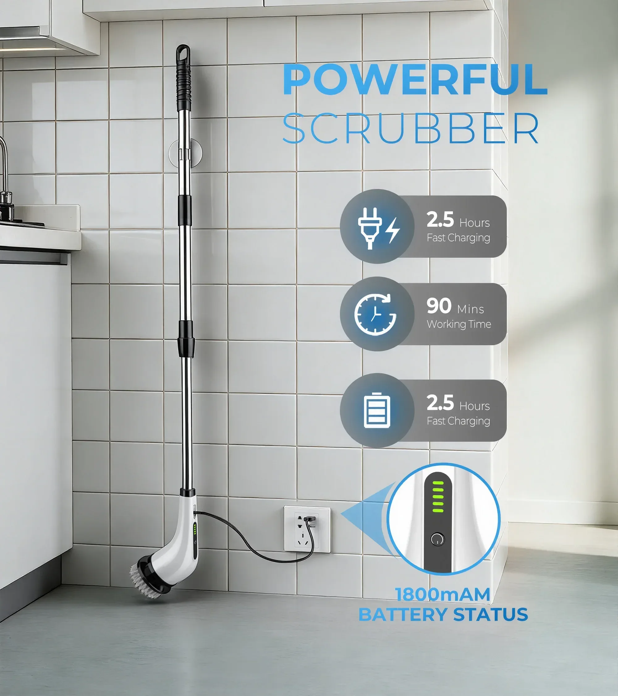 BIMZUC Electric Spin Scrubber, Cordless Cleaning Brush, 7 Replaceable Heads, Extendable Handle, White - Image 4