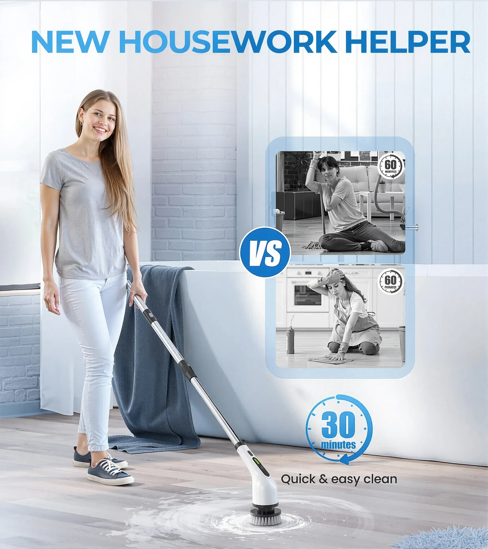 BIMZUC Electric Spin Scrubber, Cordless Cleaning Brush, 7 Replaceable Heads, Extendable Handle, White - Image 9