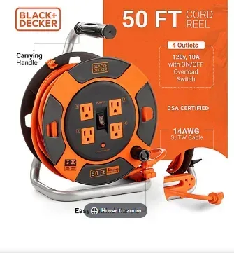 Black + Decker 50' 14AWG SJTW Retractable Extension Cord Reel With 4 Outlets - Image 2