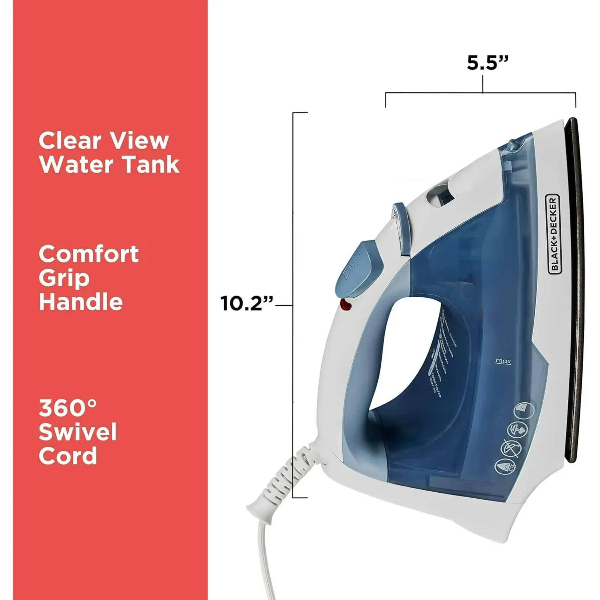 BLACK+DECKER Easy Steam Compact Iron, IR40V, Nonstick Plate, SmartSteam, Anti-Drip, Auto Shutoff - Image 6