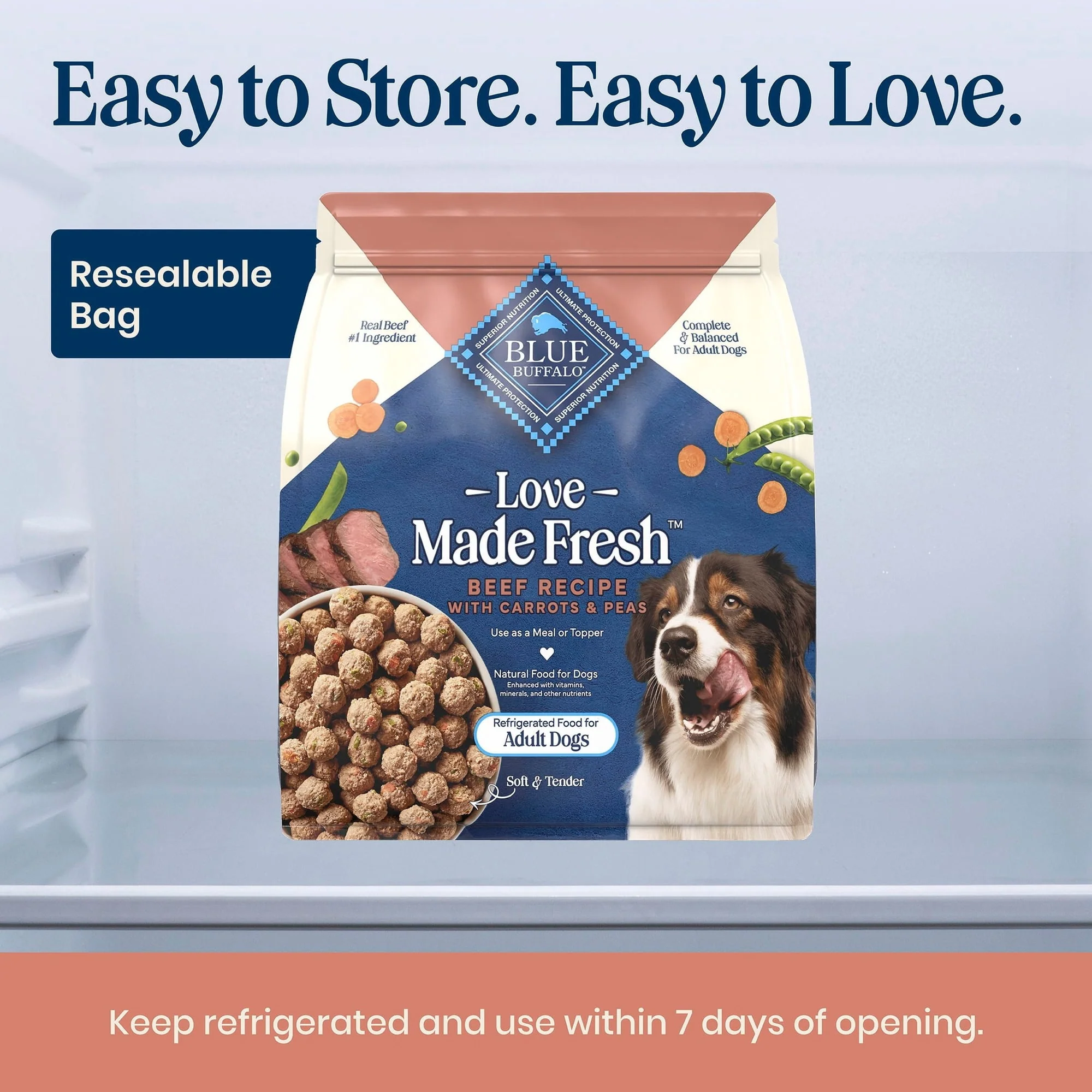 Blue Buffalo Love Made Fresh Dog Food, Refrigerated, Beef Meatball 1.5lb Pouch - Image 7