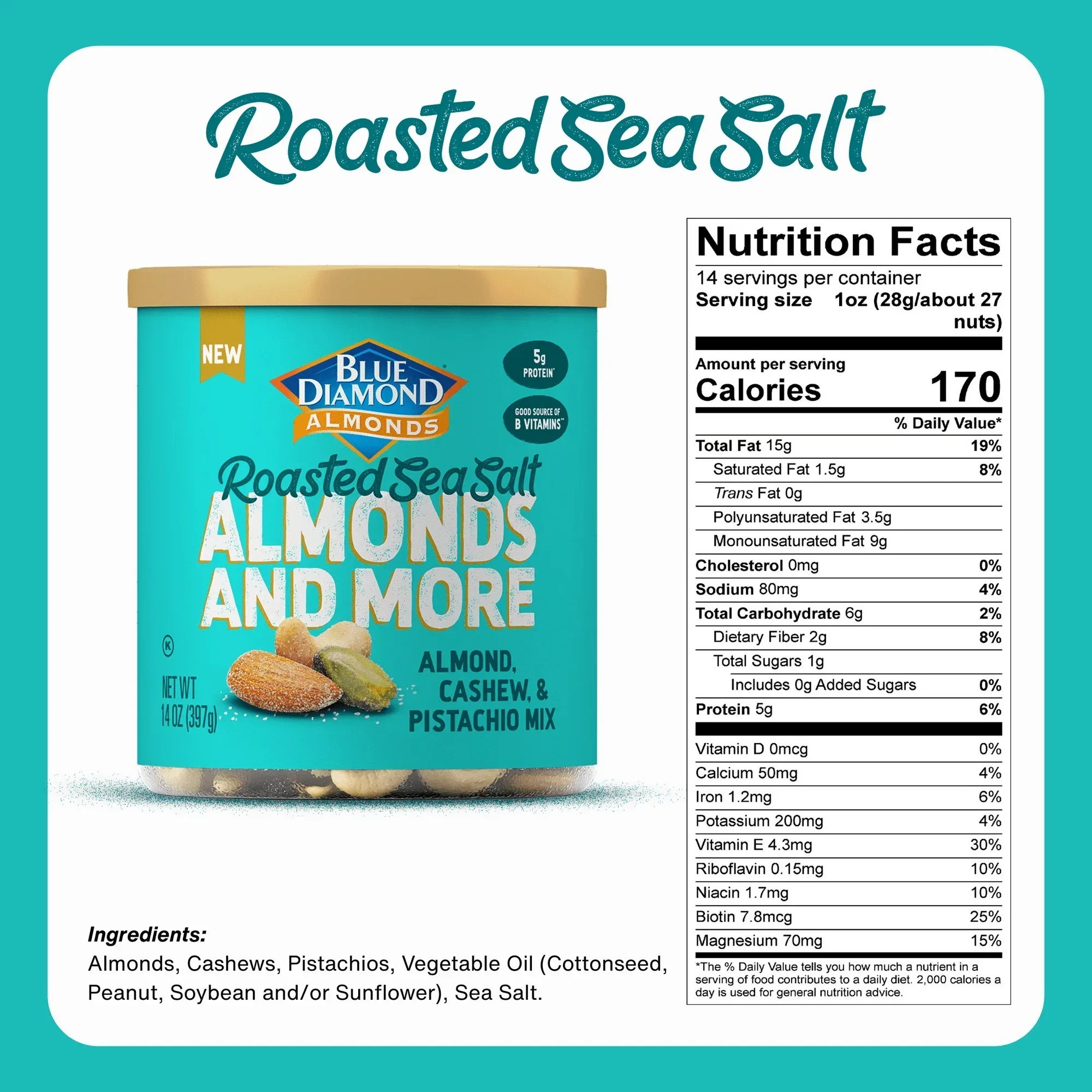 Blue Diamond Almonds and More, Roasted Sea Salt Mixed Nuts with Almonds, Cashews and Pistachios for Snacking, 14 oz. - Image 2