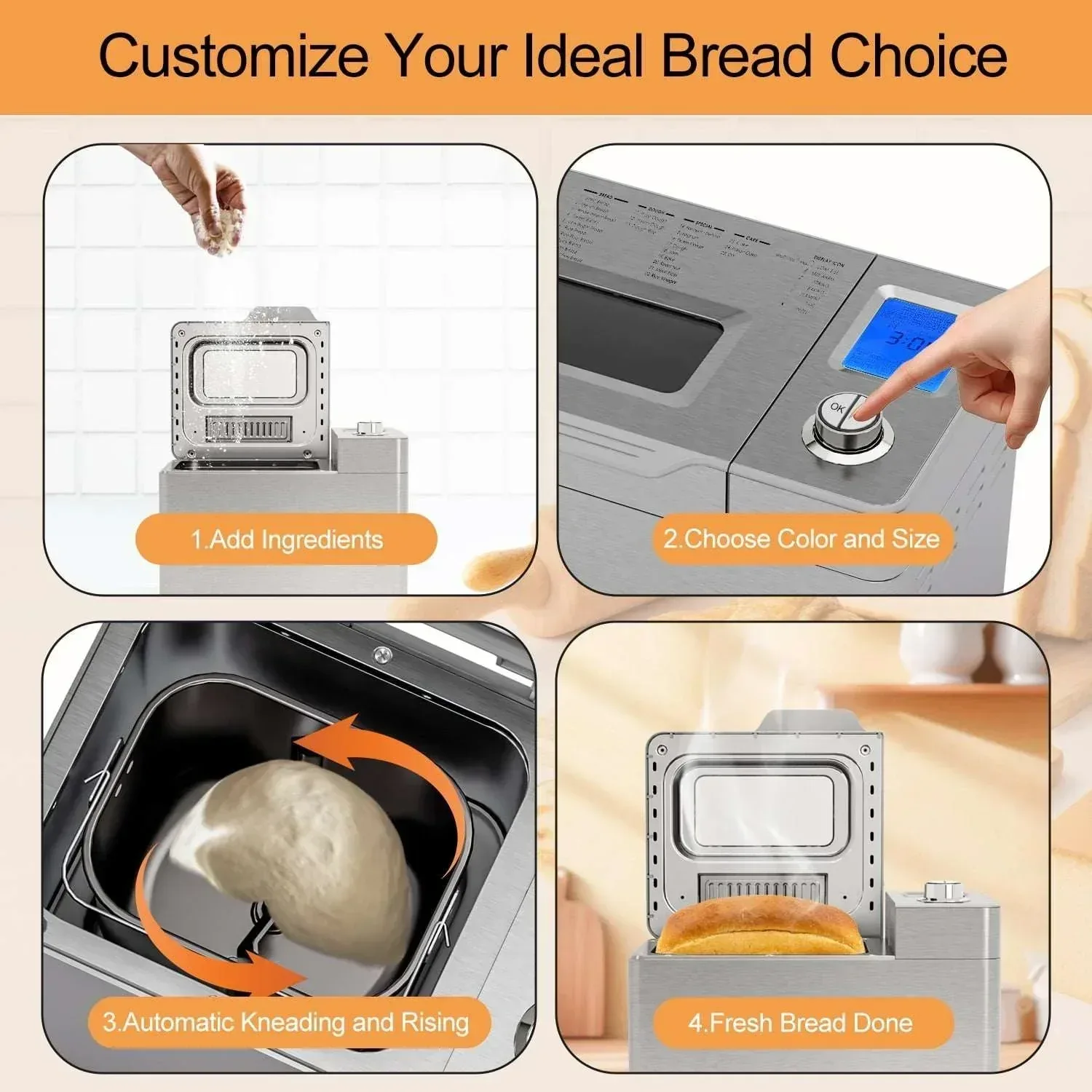 Bluebow 25-in-1 Bread Maker, 2LB Bread Machine with Auto Fruit/Nut Dispenser, Gluten-Free Setting, Keep Warm&13H Delay Timer, Stainless Steel - Image 5