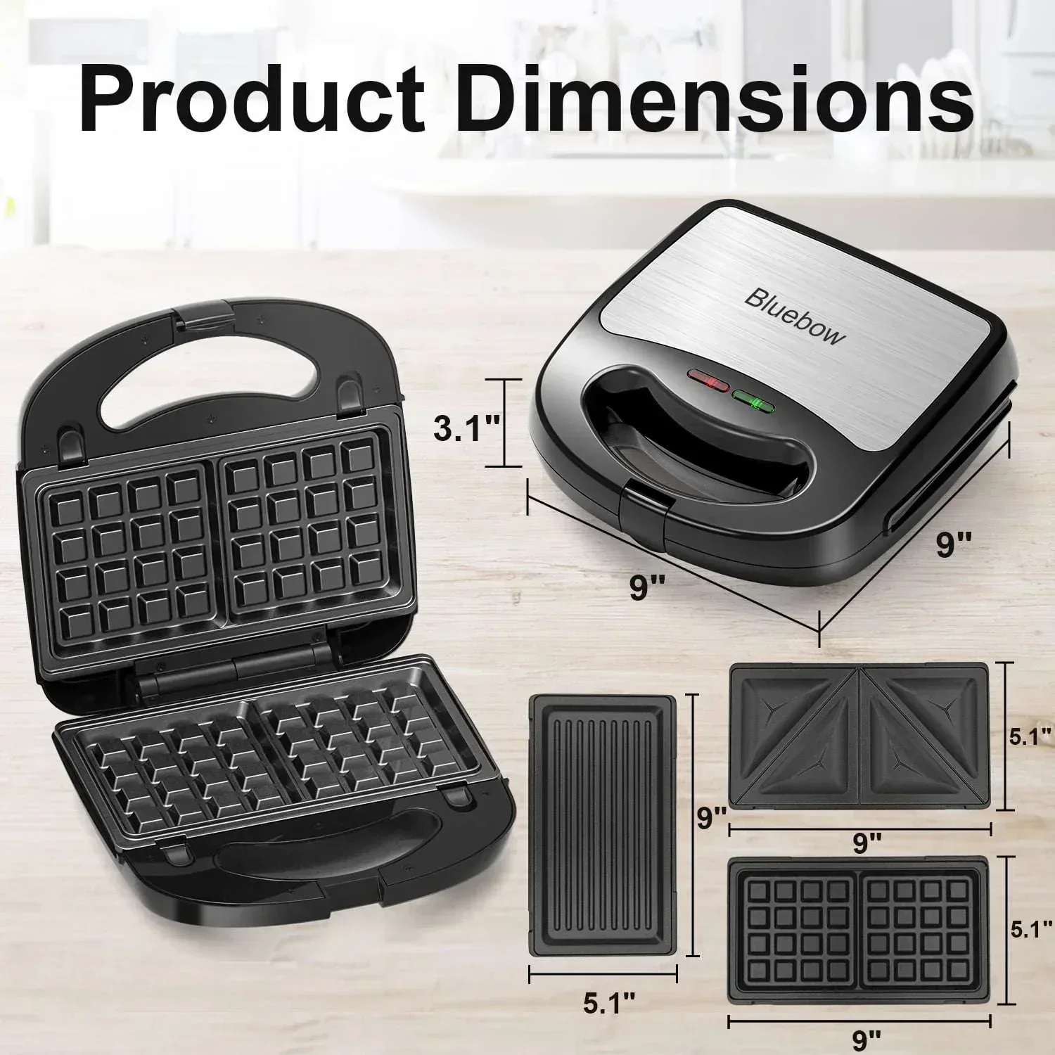 Bluebow 3 in 1 Sandwich Maker, 2 Slice Waffle Maker, Panini Press Grill with Removable Non-Stick Plates, Breakfast Grilled Cheese Maker - Image 5