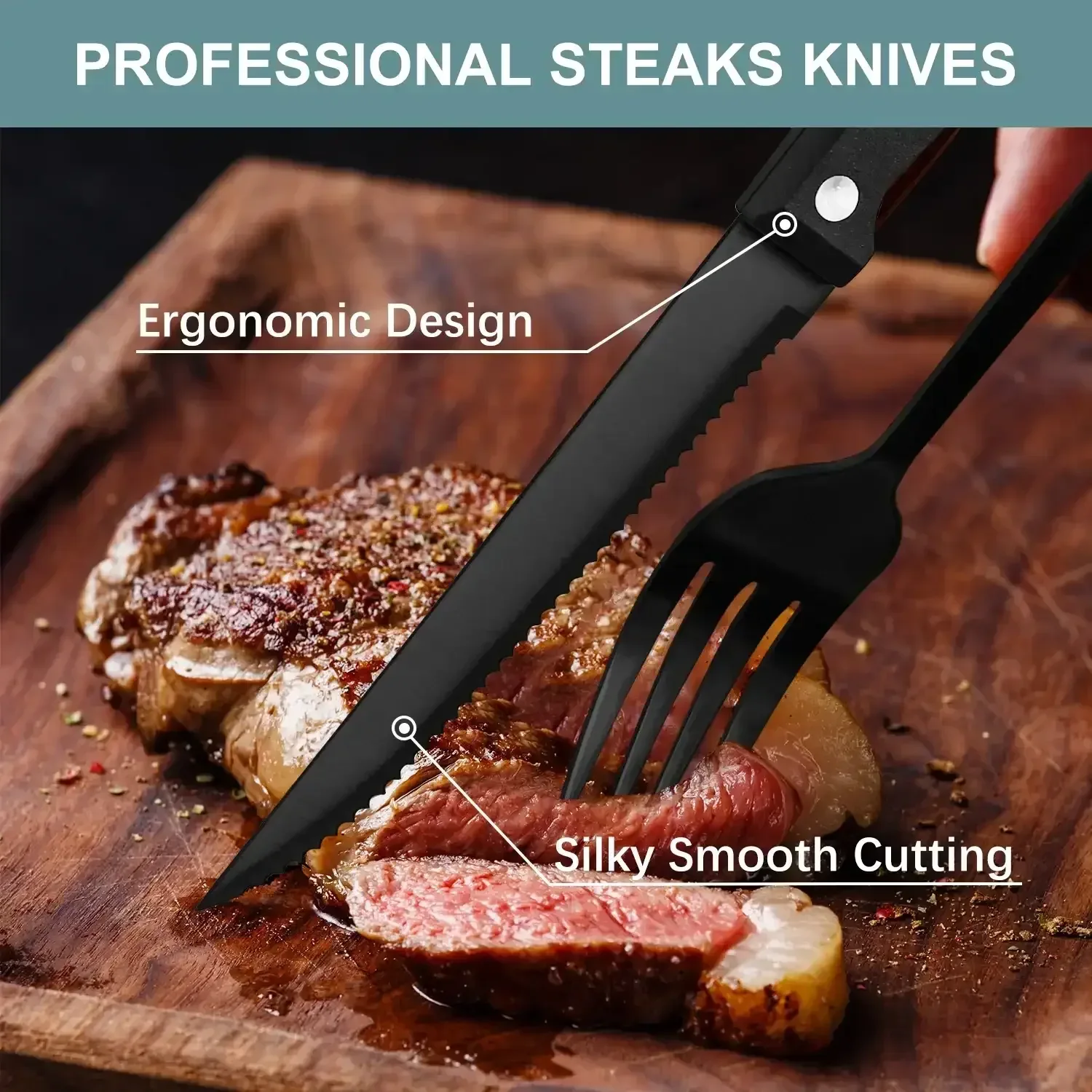Bluebow Black Silverware Set with Steak Knives, Flatware Cutlery Set for 4, Food-Grade Stainless Steel Kitchen Tableware Set - Image 2