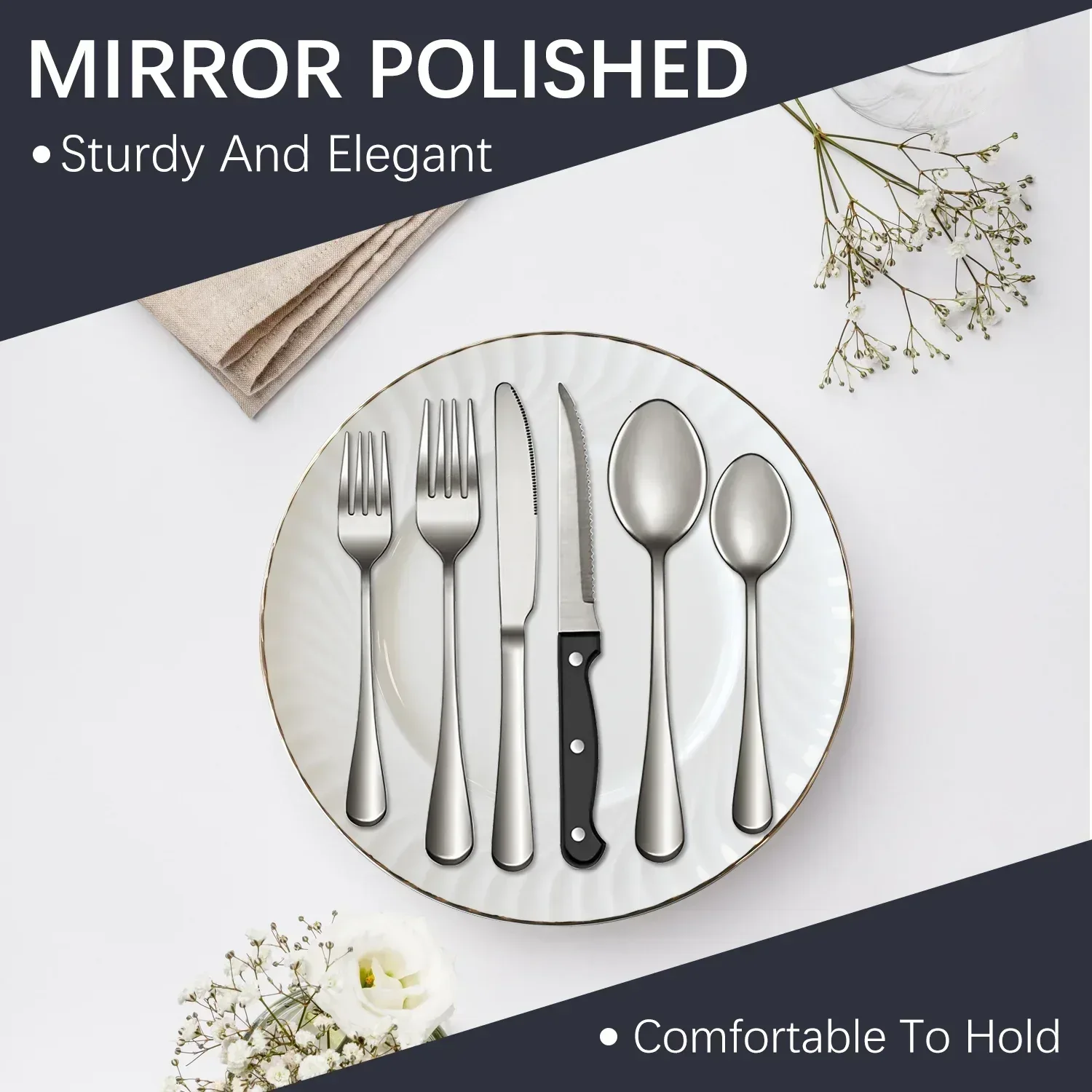 Bluebow Silverware Set with Steak Knives, Flatware Cutlery Set for 4, Food-Grade Stainless Steel Kitchen Tableware Set - Image 6