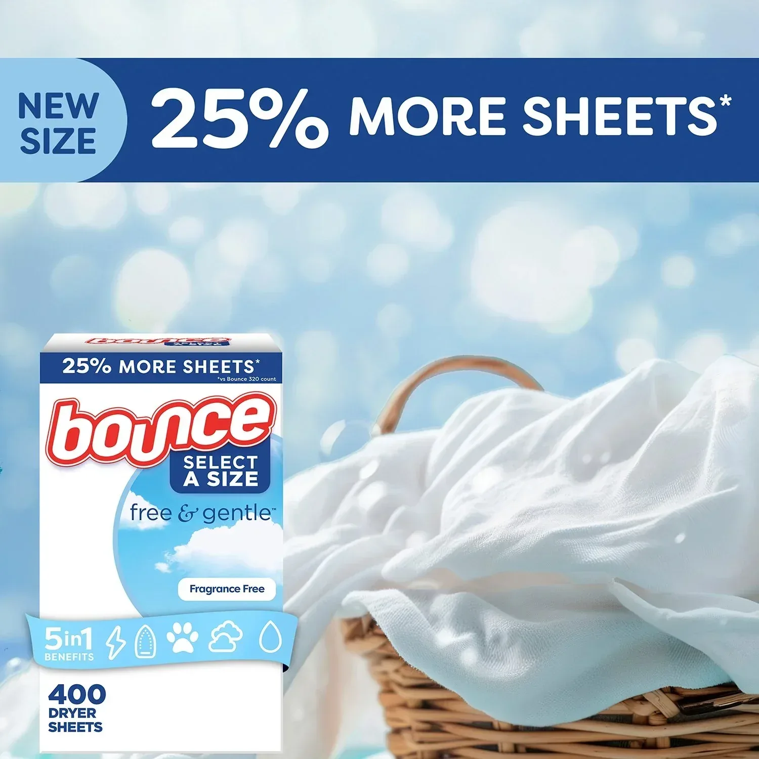 Bounce Select a Size Free & Gentle Dryer Sheets, Unscented, 400 ct. - Image 4