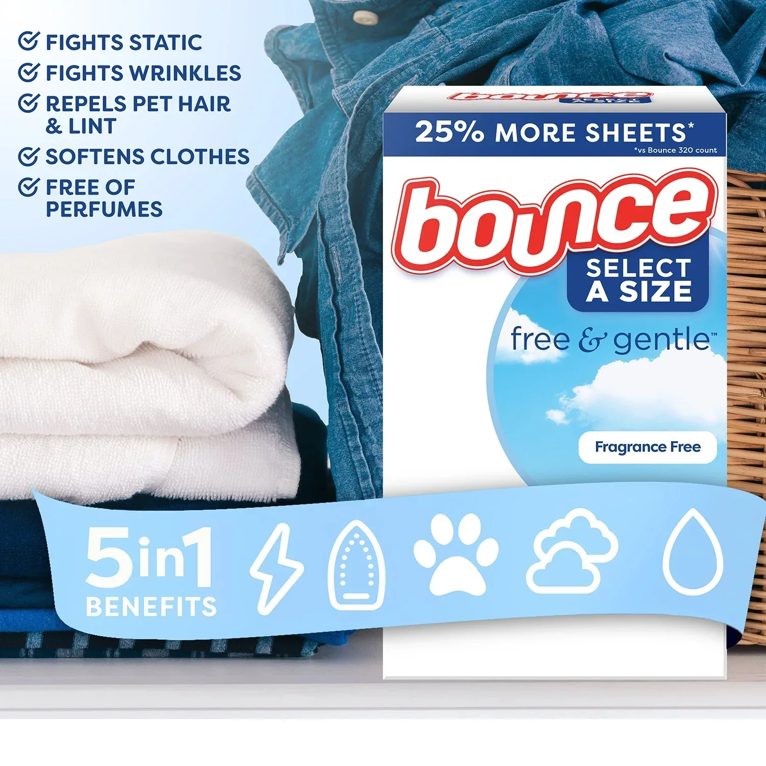 Bounce Select a Size Free & Gentle Dryer Sheets, Unscented, 400 ct. - Image 8
